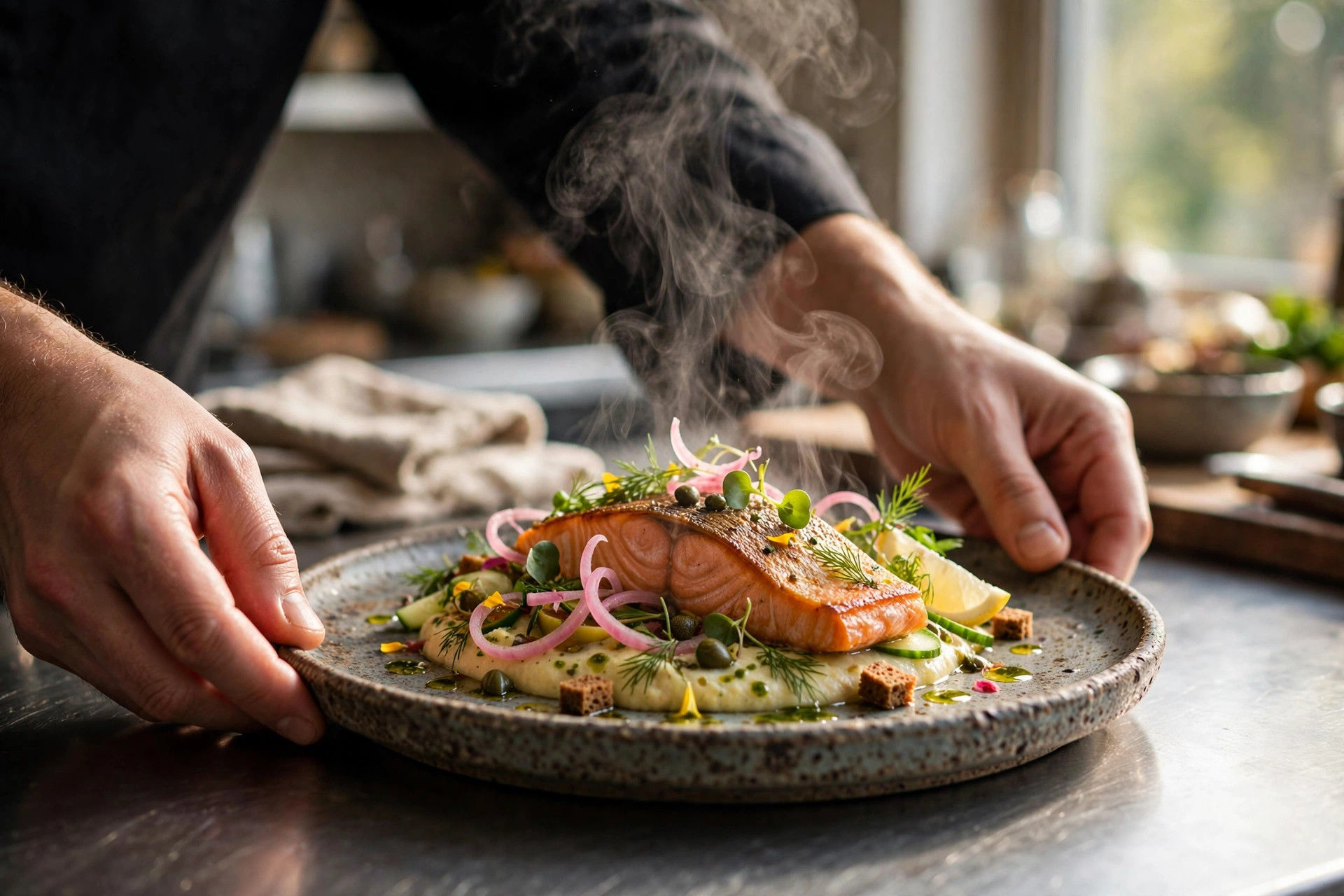 A chef finishing a signature Nordic salmon dish at the restaurant pass in natural window light