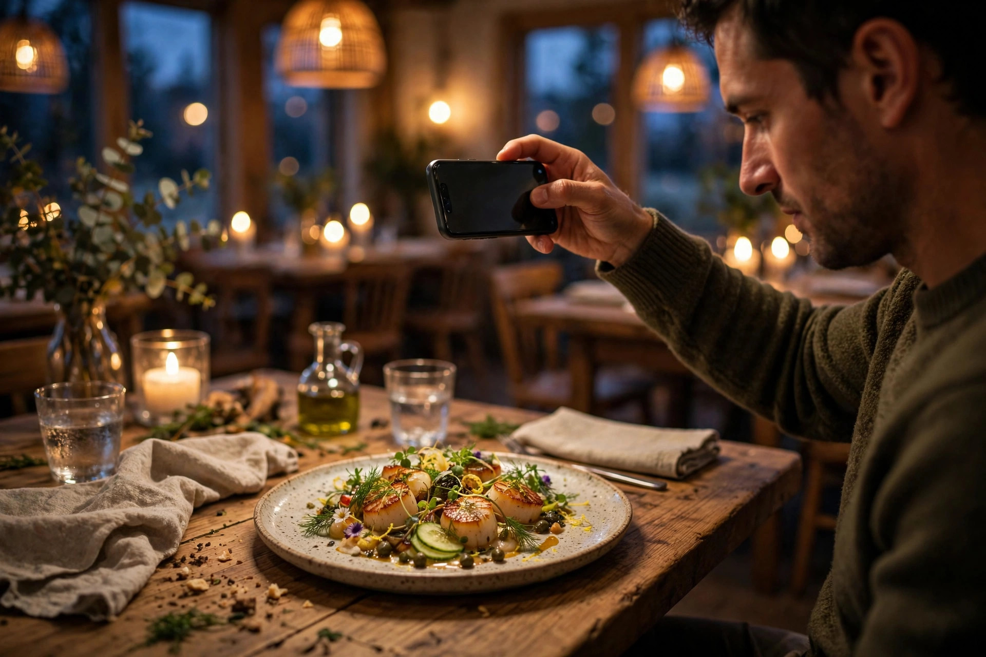 A guest photographing a beautifully presented dish in a warmly lit Nordic restaurant