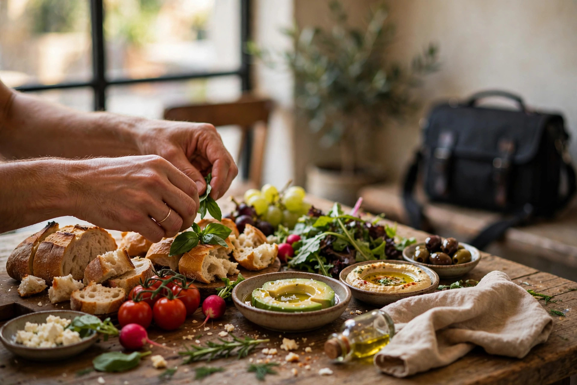 Hands arranging a lunch spread on a wooden café table in natural daylight