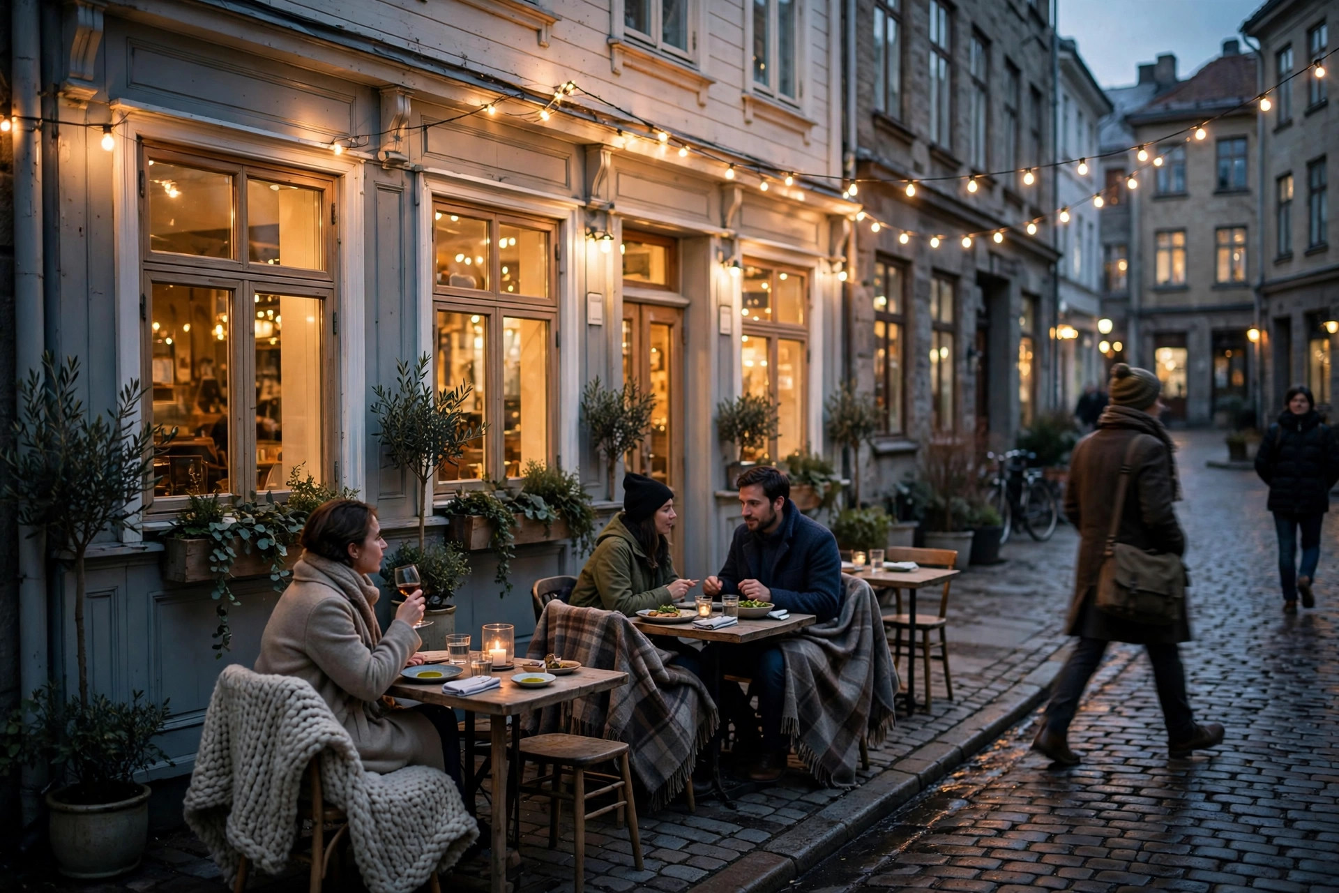 Guests seated outside a Scandinavian bistro at dusk under warm string lights