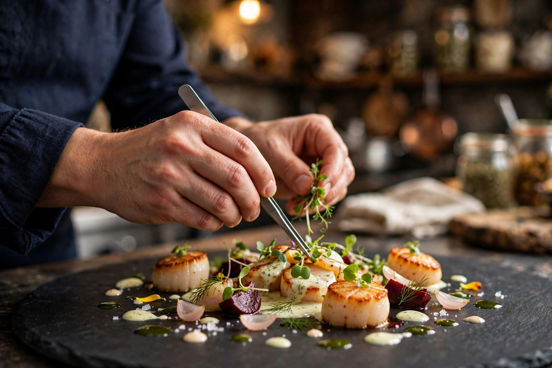 A chef plating a dish in a professional restaurant kitchen