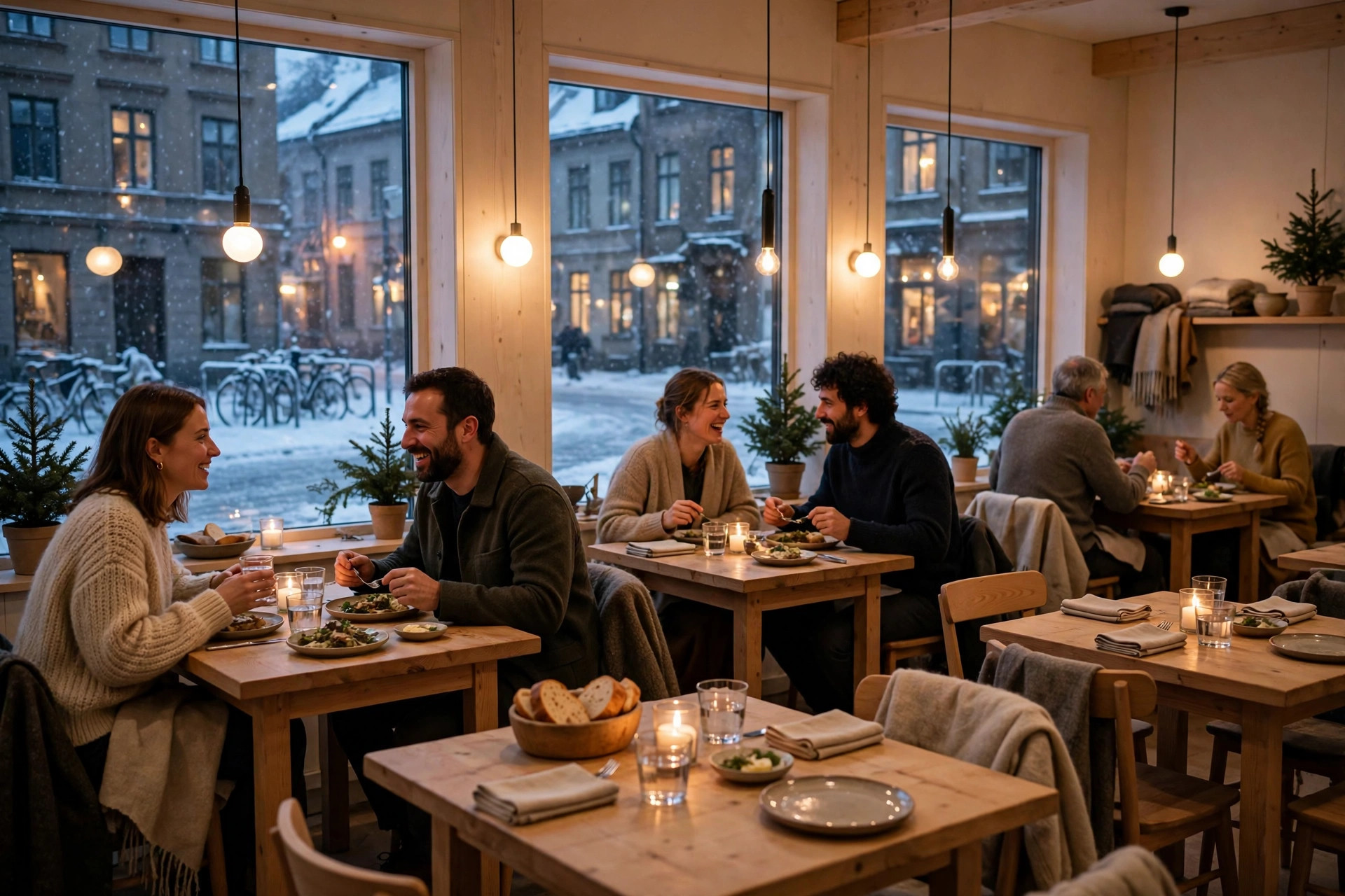 Guests dining in a warmly lit Nordic restaurant on a winter evening