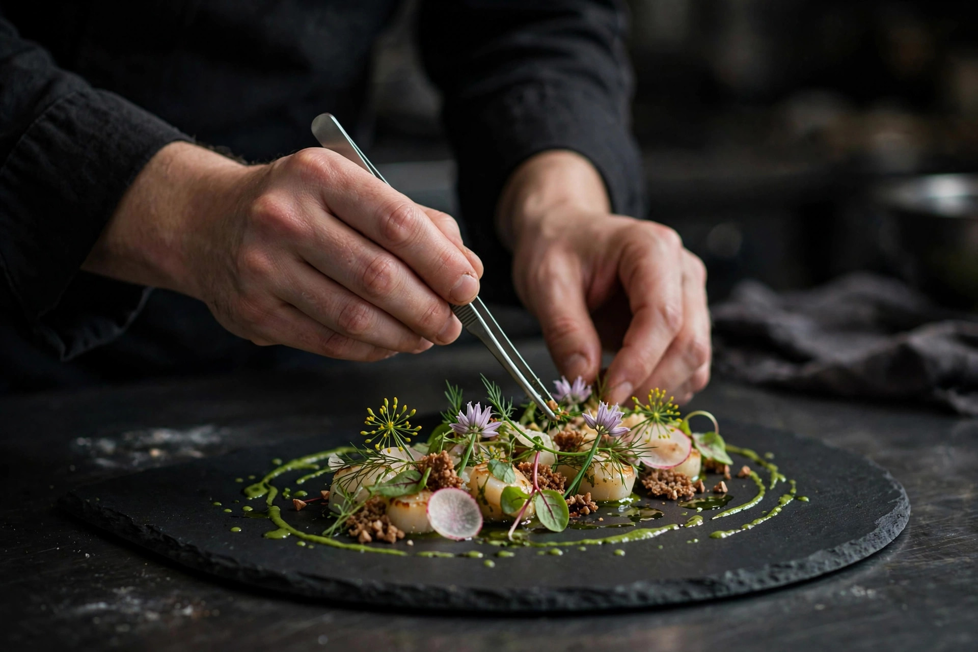 Kockens händer lägger upp en modern skandinavisk fine dining-rätt i ett svenskt restaurangkök