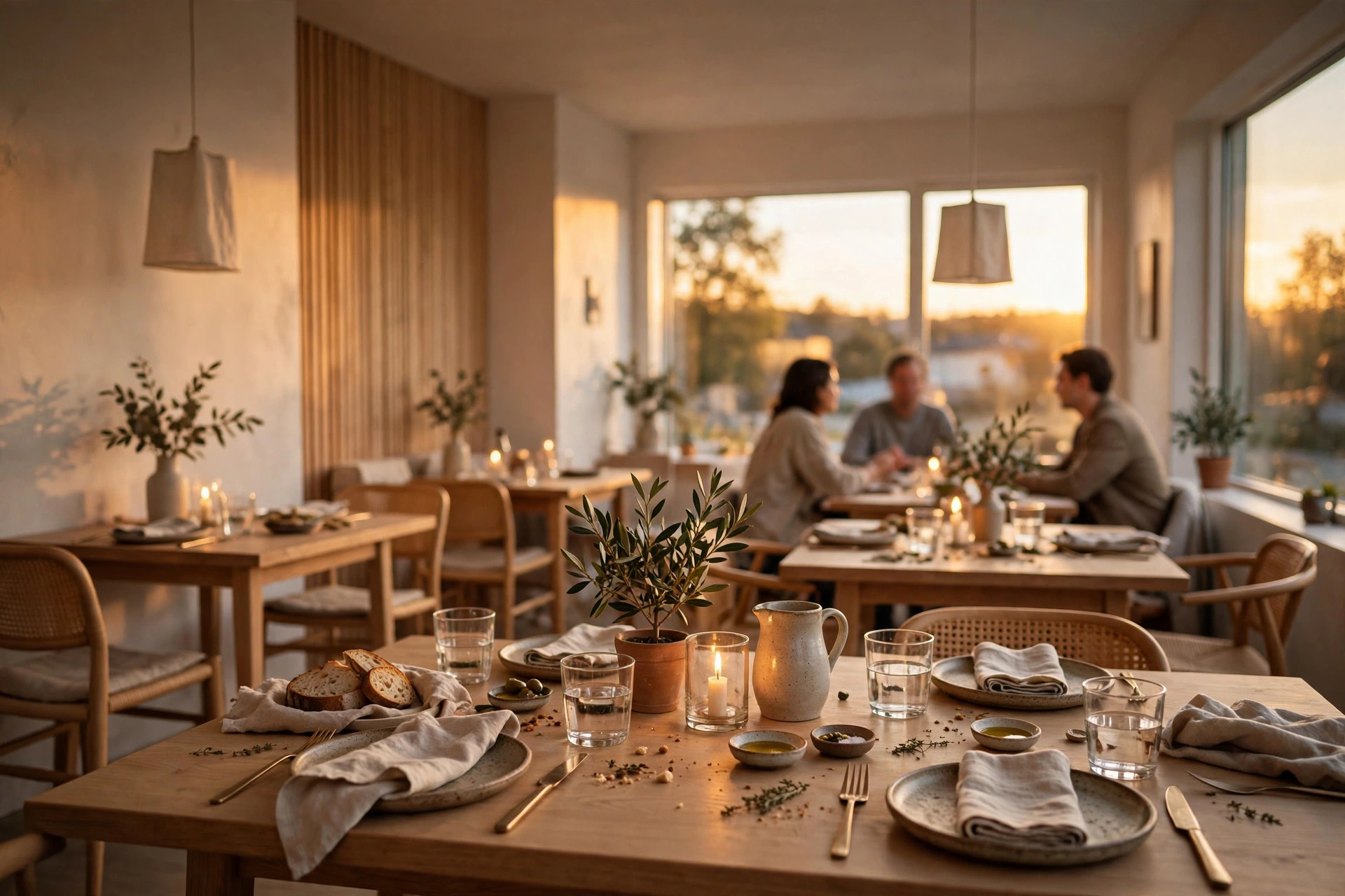 Varmt upplyst svensk restaurangmatsal i kvällsljus med dukade bord