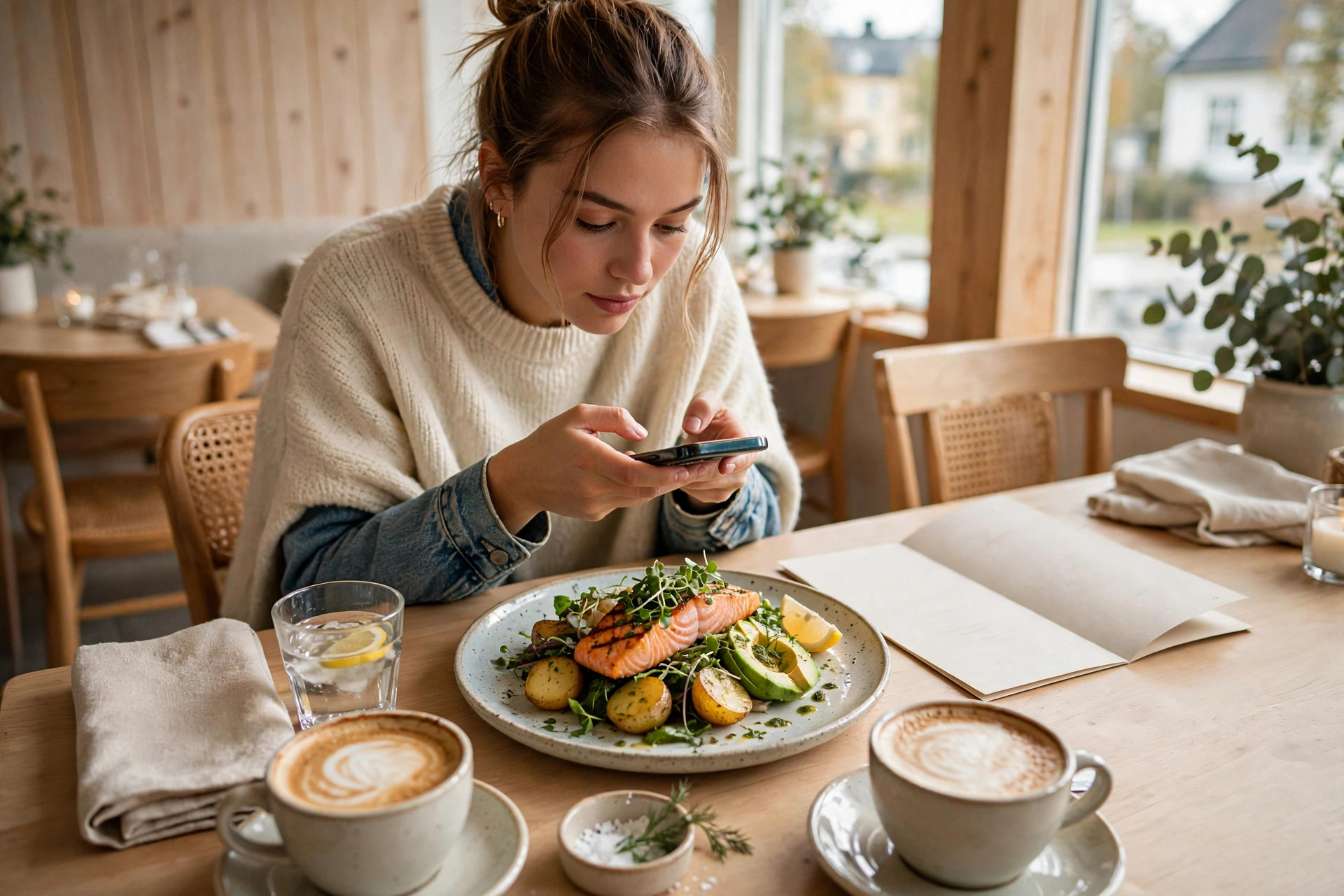 Gäst fotograferar sin lunchrätt med mobilen vid ett restaurangbord