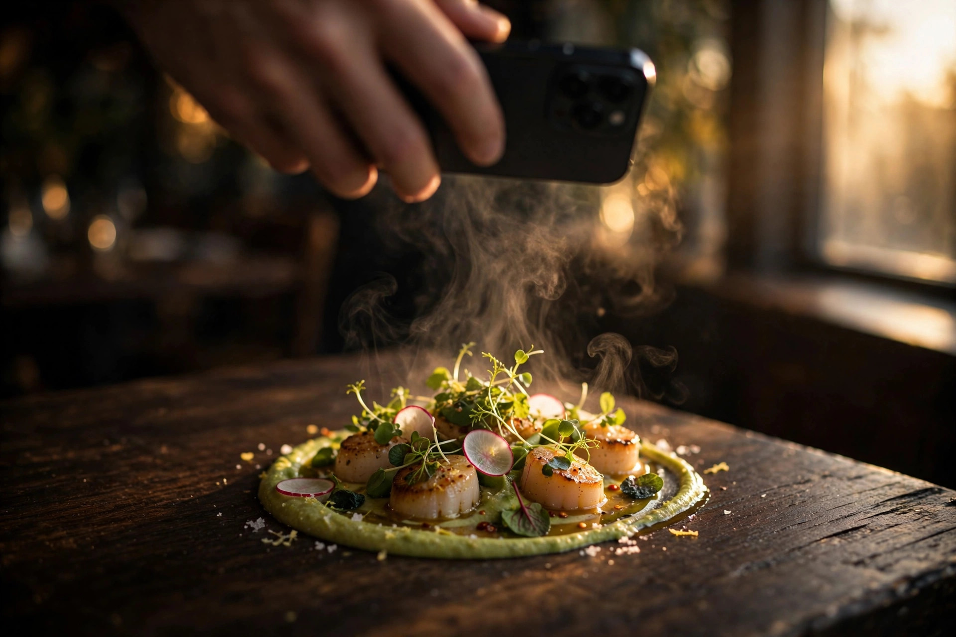 Smarttelefon fotograferer en vakkert anrettet restaurantrett i varmt lys