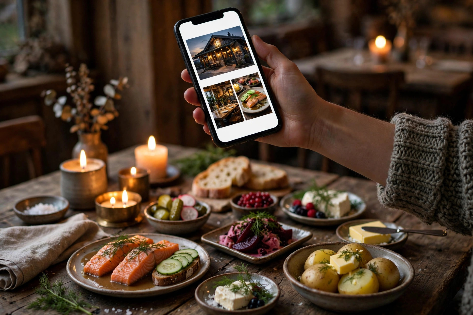 Asiakas selaa puhelimella ravintolan Google-yritysprofiilin kuvia kynttilänvalossa katetun pöydän ääressä