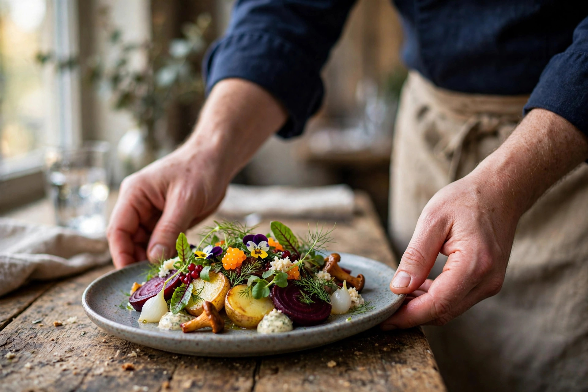 Chef placing a colourful Nordic seasonal dish on a wooden restaurant table in natural window light