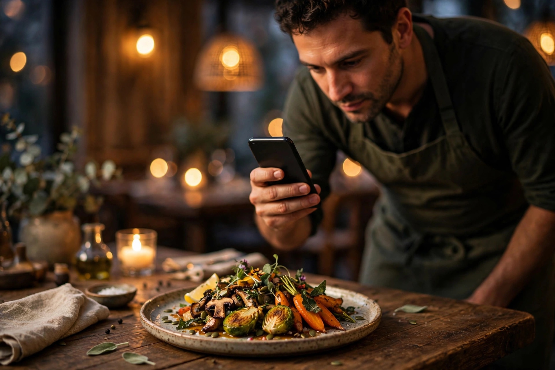 Restaurant owner photographing a plated seasonal dish with a smartphone to share as a Google Post