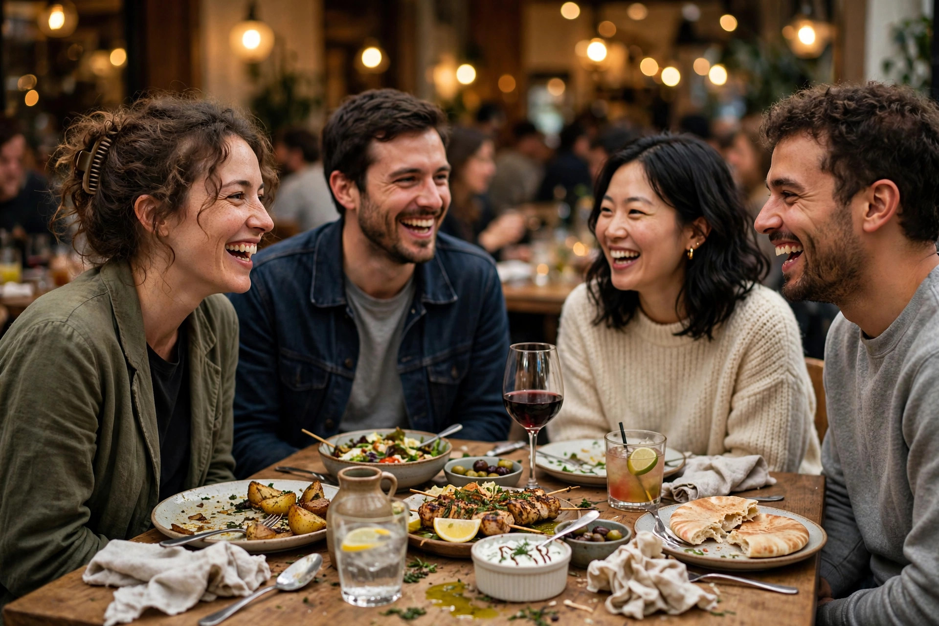 Happy diners sharing food at a restaurant table — satisfied guests are the source of the review flow that powers 3-pack rankings