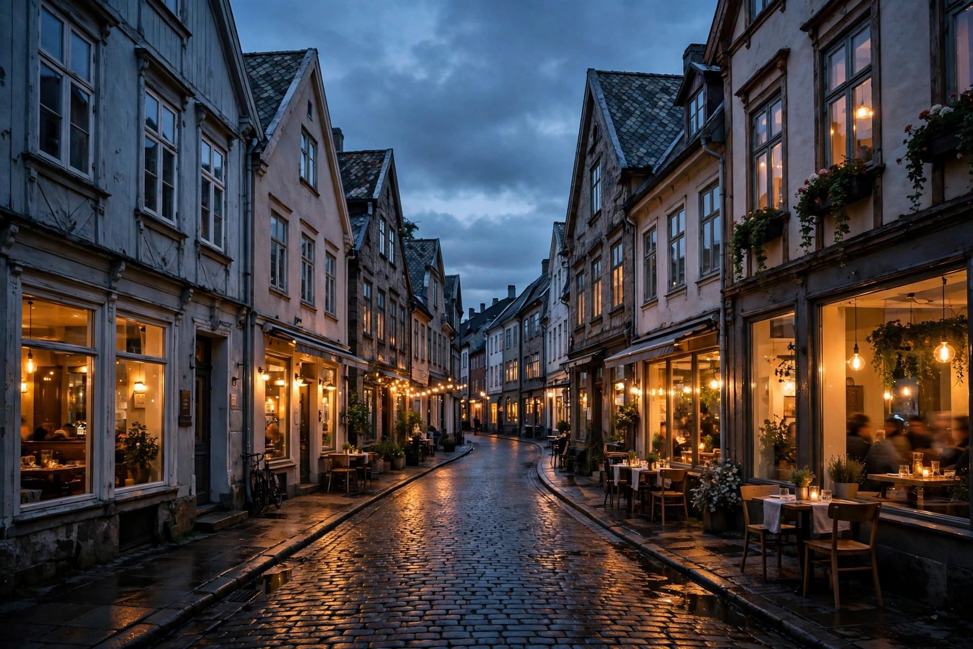 Restaurant storefronts glowing on a Nordic old-town street at dusk — the battle for local visibility happens on streets like this