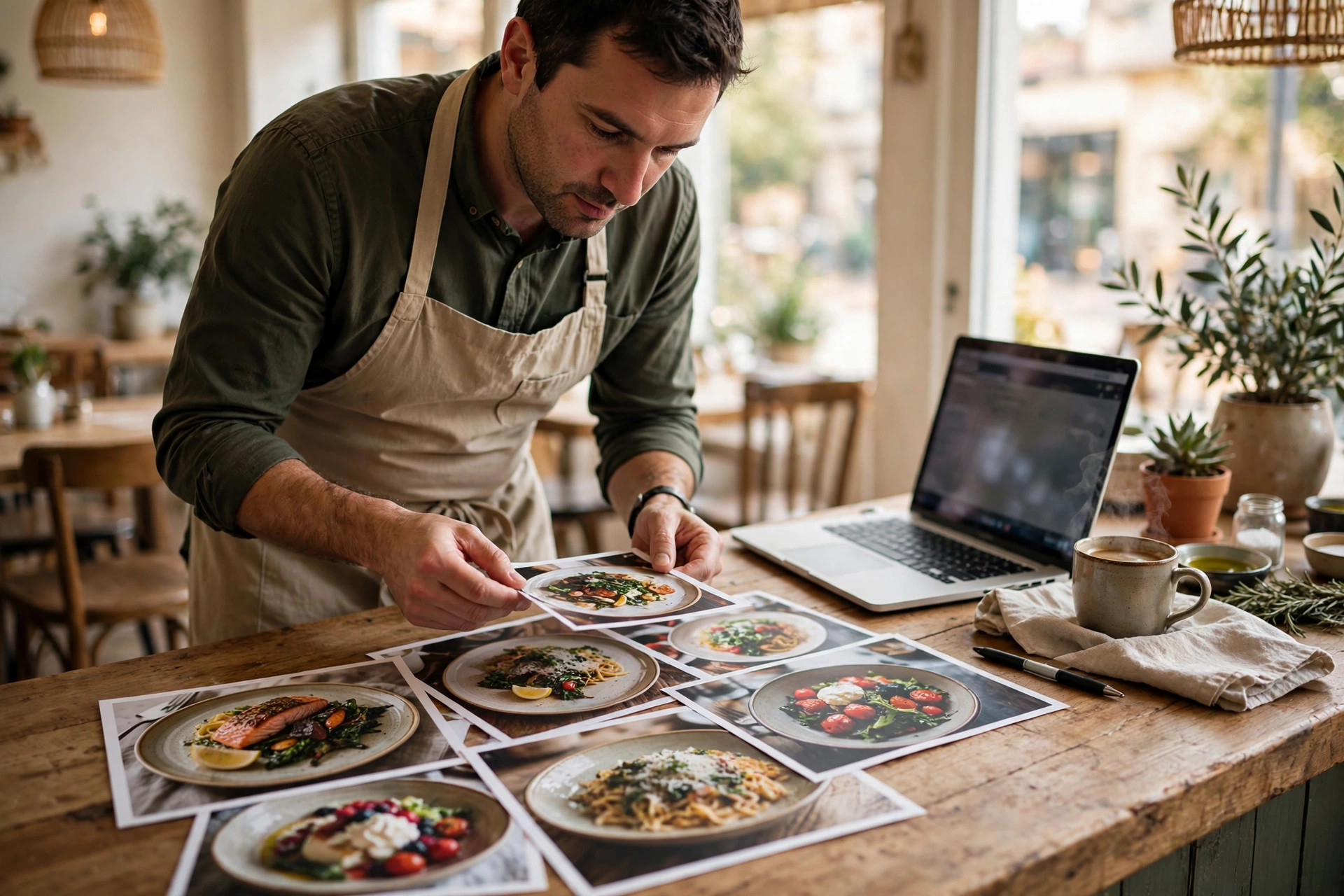 Ravintolan pitäjä käy läpi tulostettuja annoskuvia puutiskillä kahvilassa kannettava tietokone vieressään