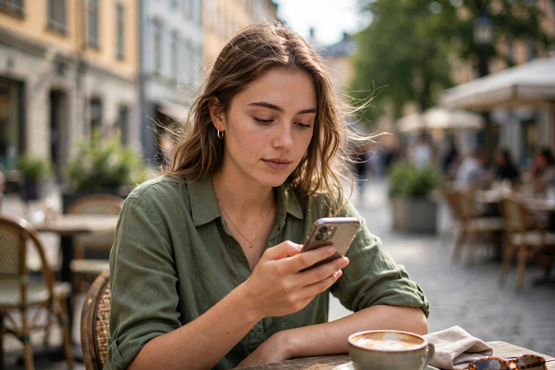 Gäst väljer restaurang på sin smartphone på en solig uteservering