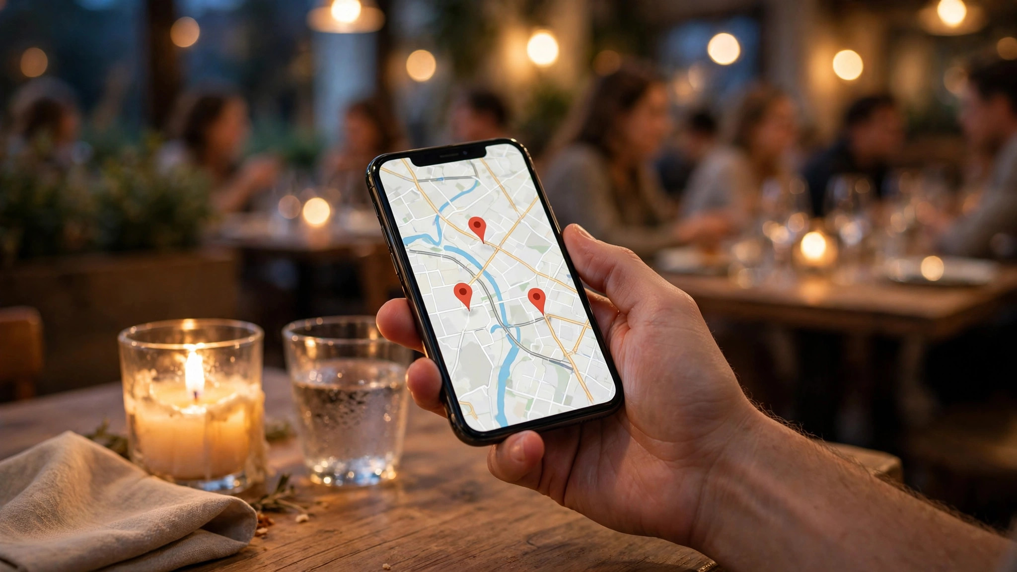 Gäst håller upp en smartphone med en karta med tre restaurangmarkörer över ett restaurangbord