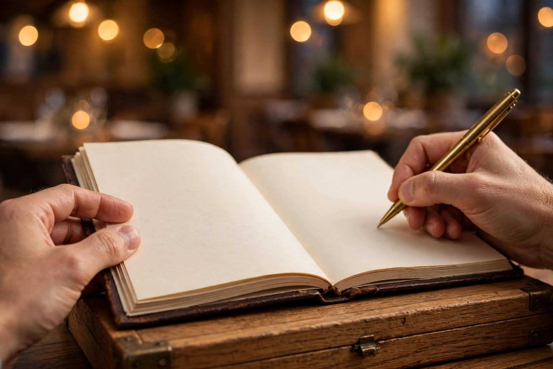 A restaurant host's hands noting a large-party reservation in the reservation book at the host stand