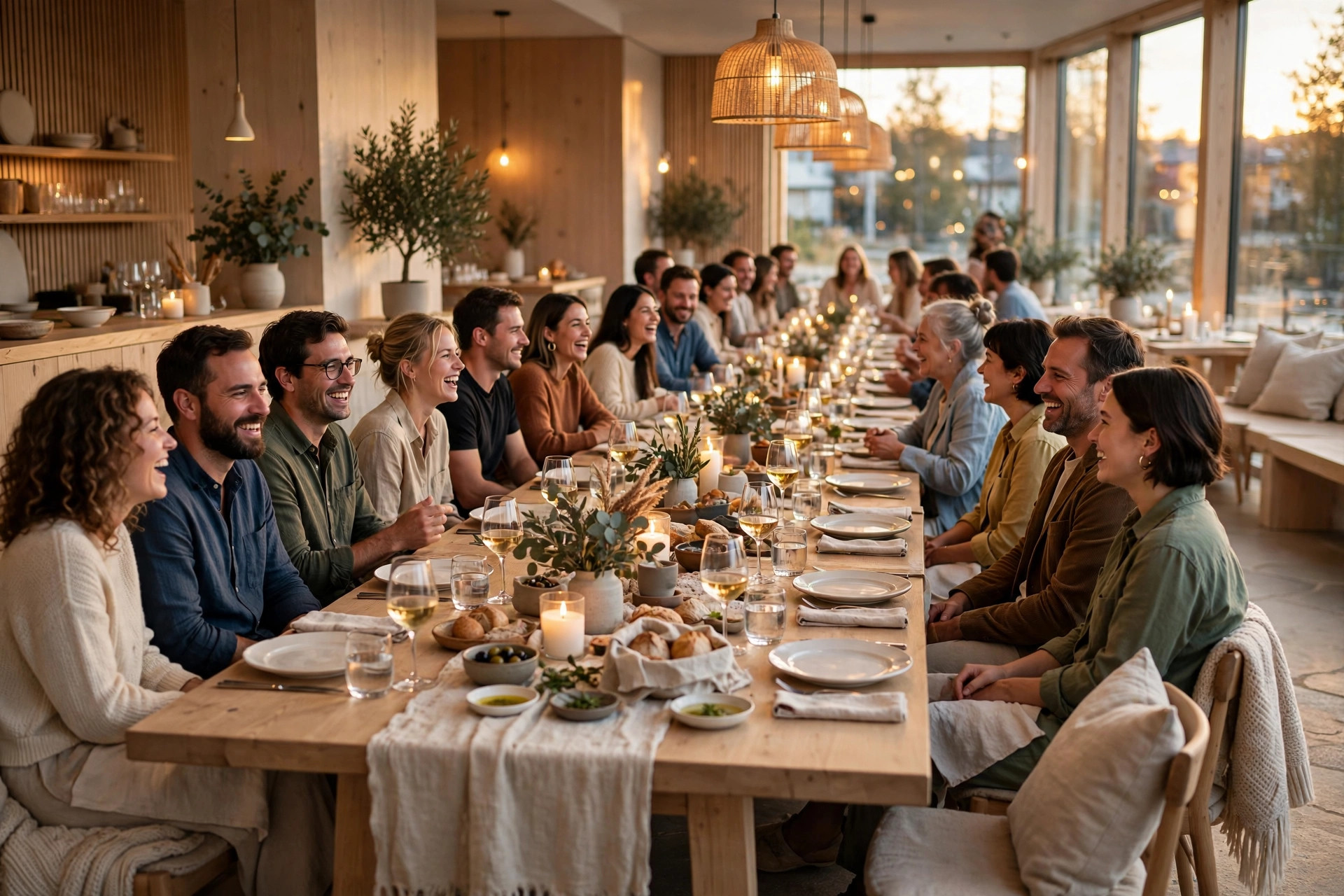 A large group of guests celebrating at a long banquet table in a warm Nordic restaurant dining room