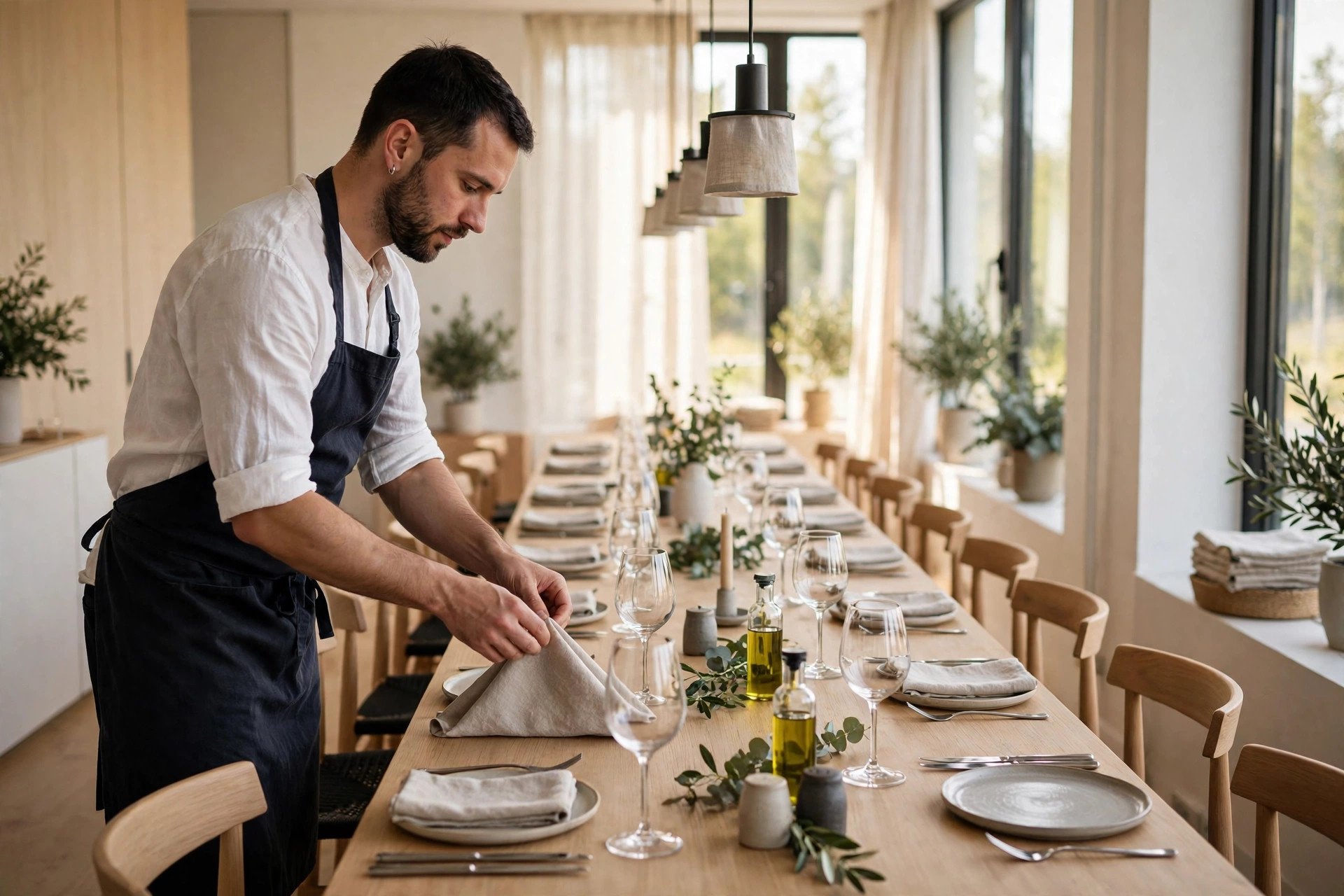 Servitör som dukar ett långt bord inför ett sällskapsevenemang i en ljus nordisk restaurang