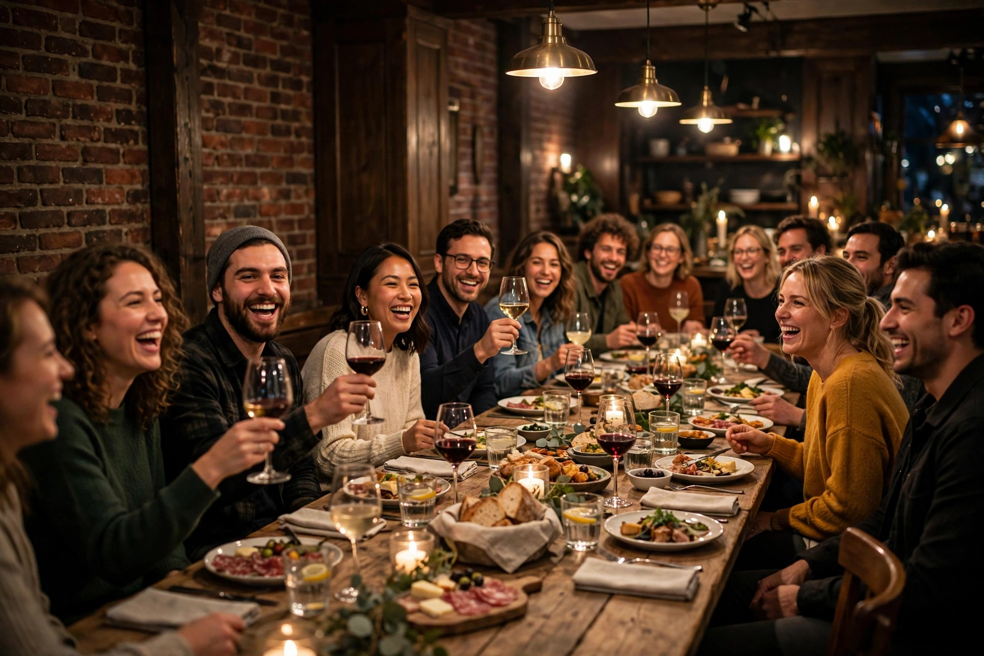 Stort sällskap som delar en festlig middag runt ett långt bord i en mysig restaurang
