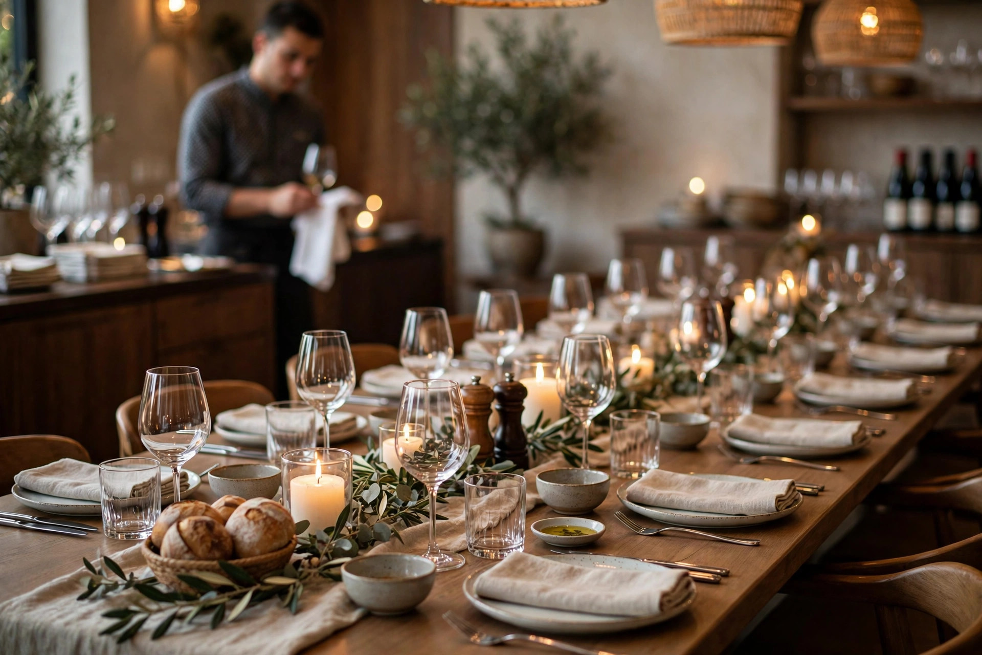 Langbord dekket for selskap med levende lys i en norsk restaurant