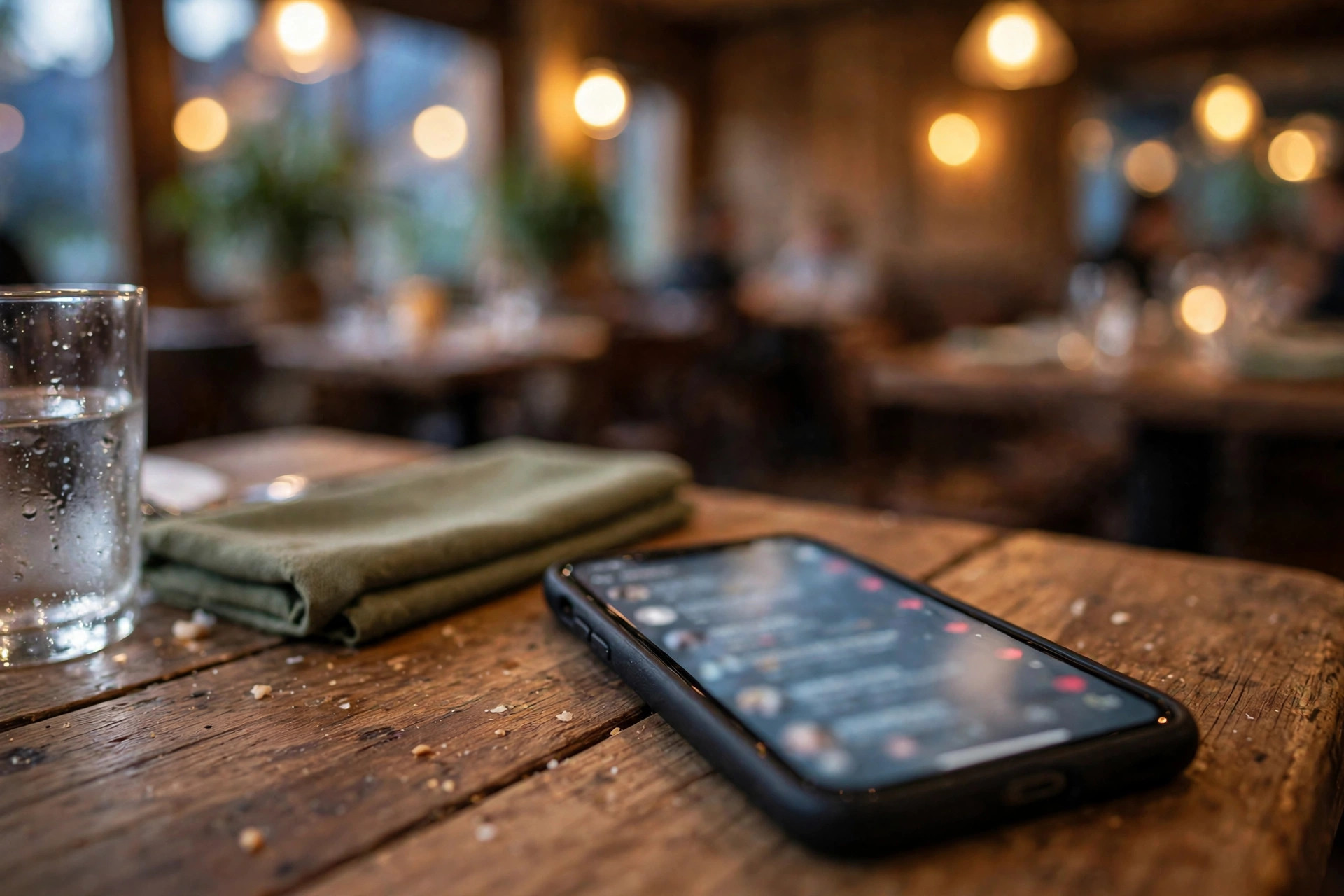 Smartphone på restaurangbord med kommentarsflöde i sociala medier