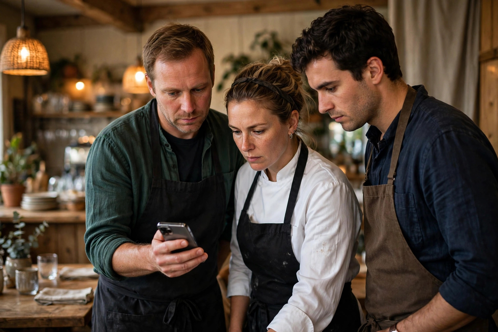 Restaurangteam samlat runt en smartphone i matsalen under ett krisläge