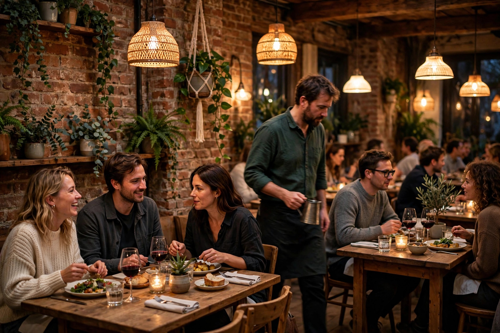 Gjester som spiser middag i en varm restaurant med nordisk interiør