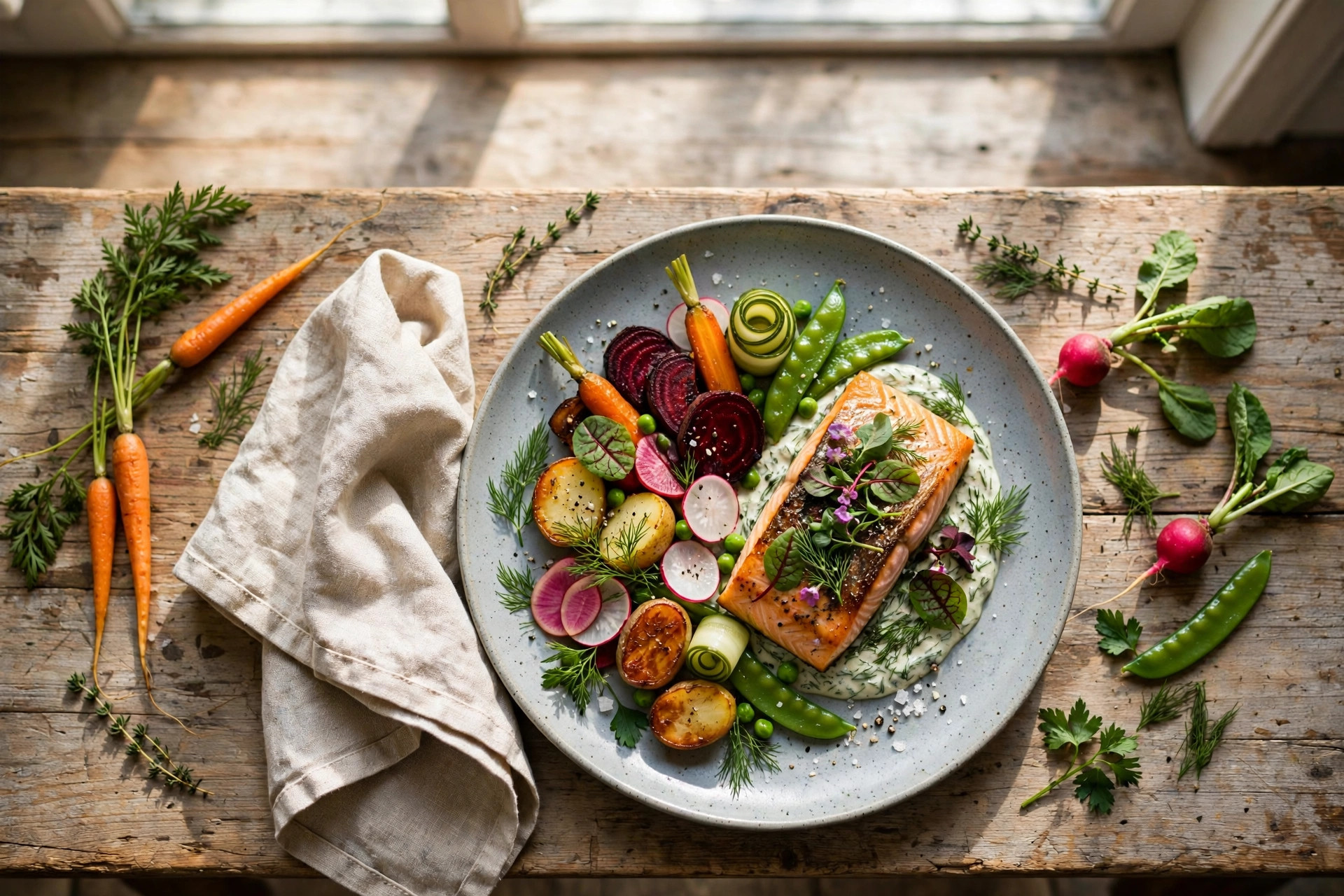Nordisk lakserett fotografert ovenfra på et trebord i en restaurant