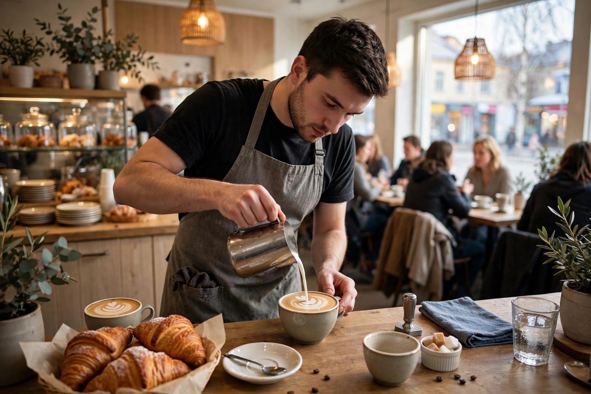 Barista kaatamassa lattemaitokuviota kiireisessä kahvilassa aamuvalossa