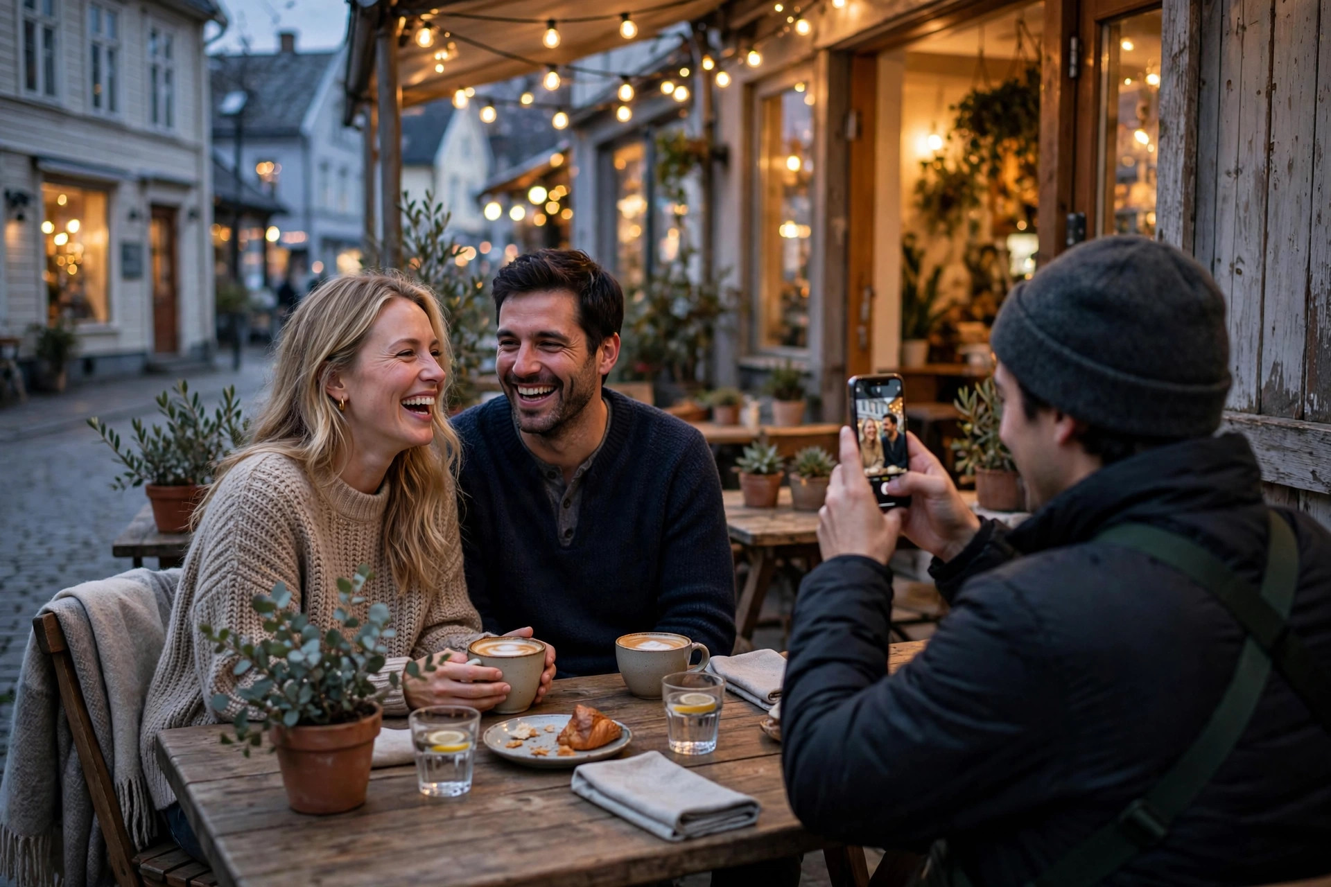 A cozy Nordic café terrace in the evening with string lights, where guests photograph the atmosphere — moments a branded hashtag collects into one place