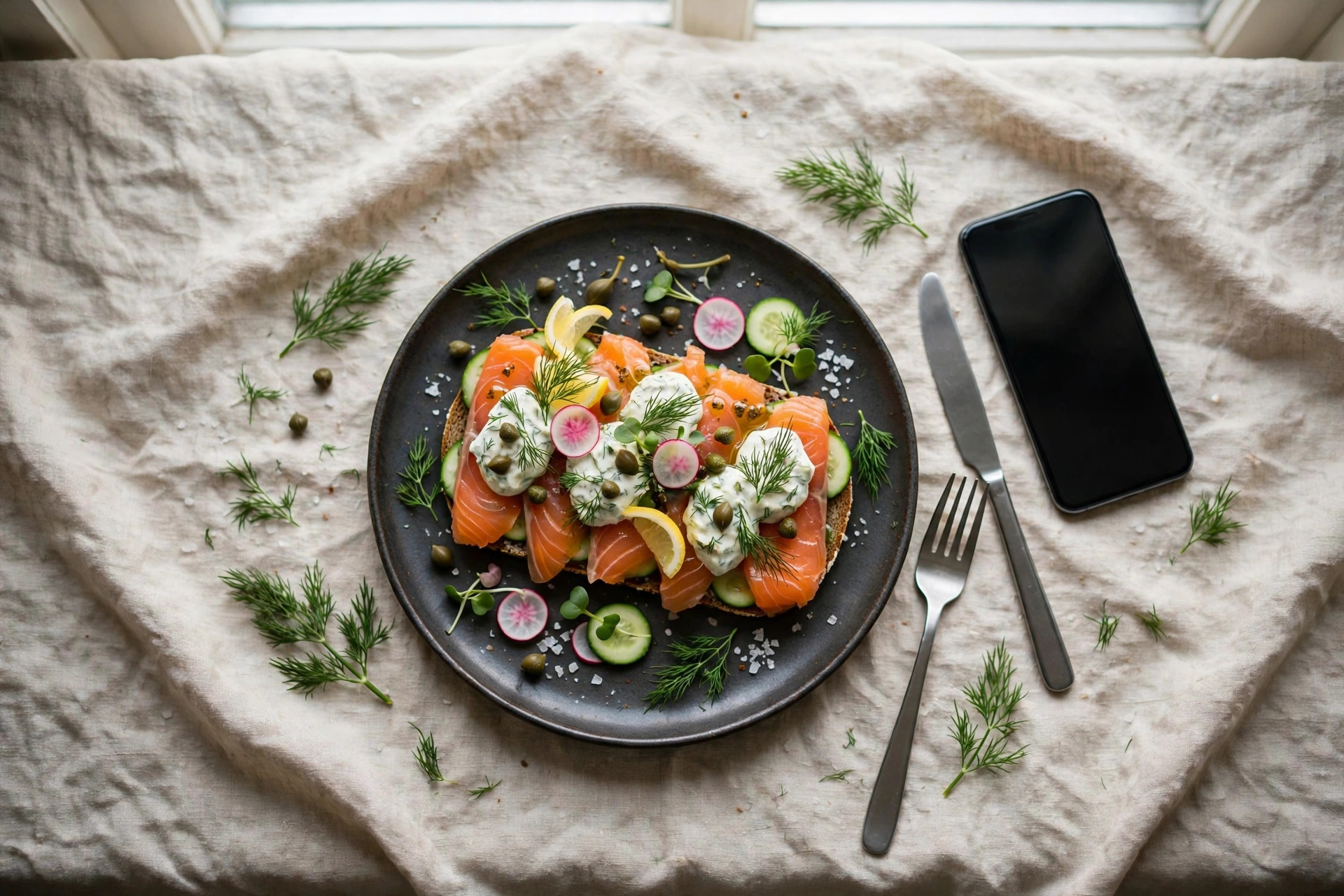 An overhead flat-lay of a beautifully plated Scandinavian dish with a smartphone beside it — the kind of post a focused hashtag strategy helps hungry locals discover