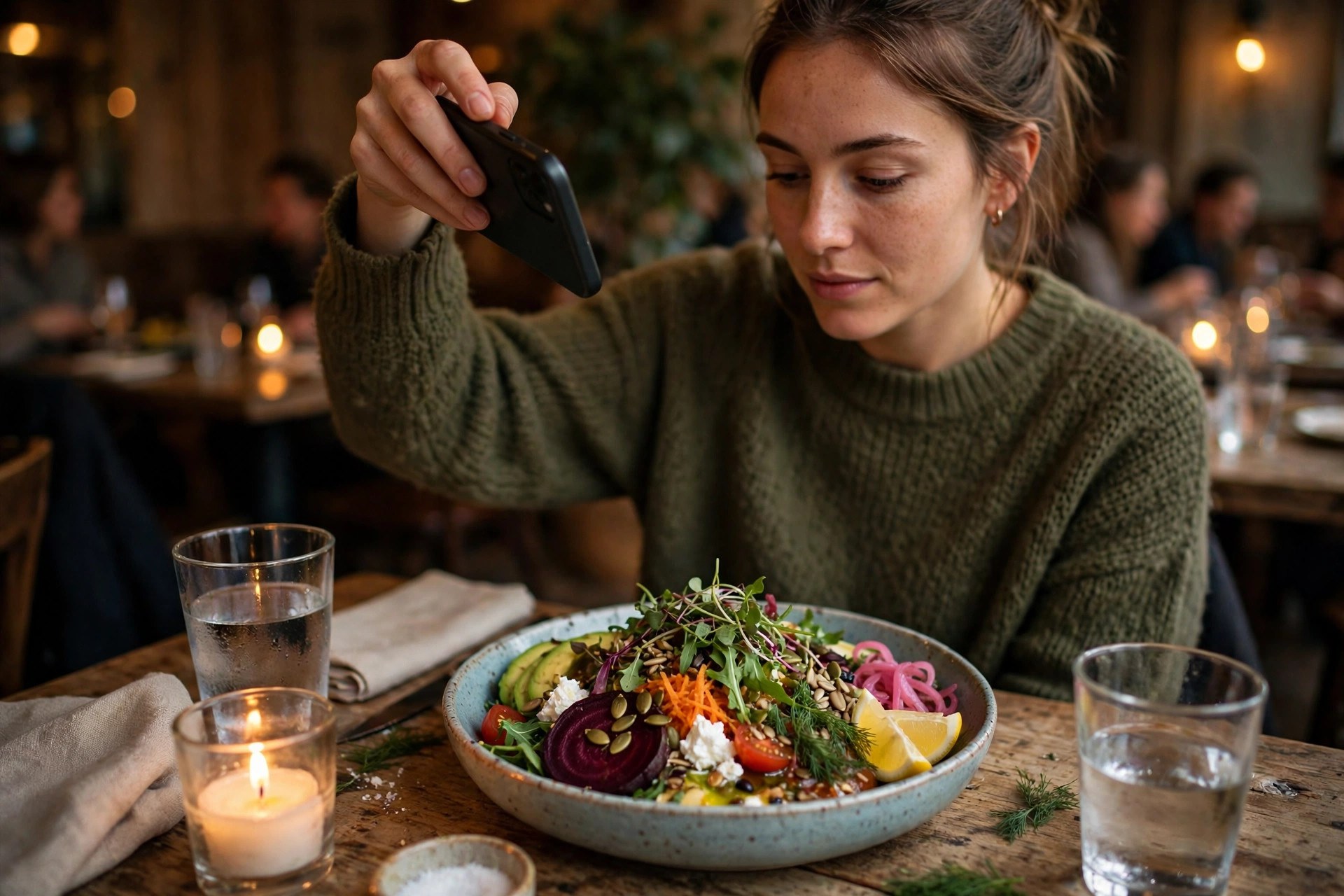 En gäst på en mysig restaurang som fotograferar en färgstark rätt med sin mobiltelefon
