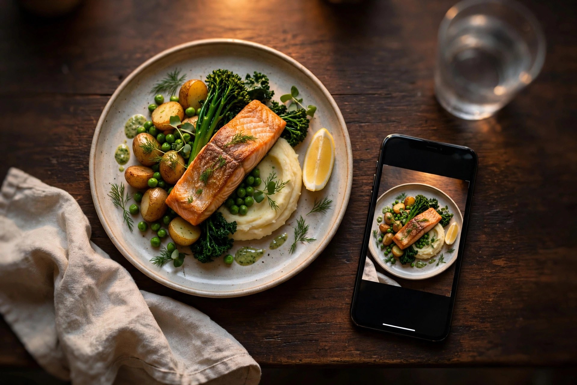 En vackert upplagd laxfilé på en restaurangtallrik bredvid en smartphone som fotograferar maten