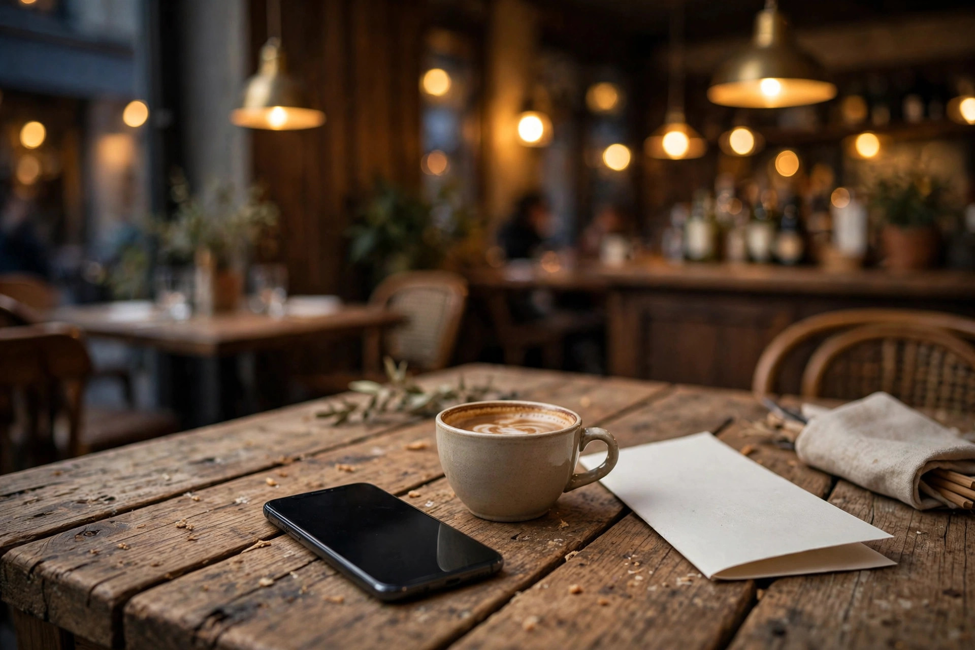 Smartmobil, kaffekopp och pappersmeny på ett rustikt restaurangbord i varmt kvällsljus