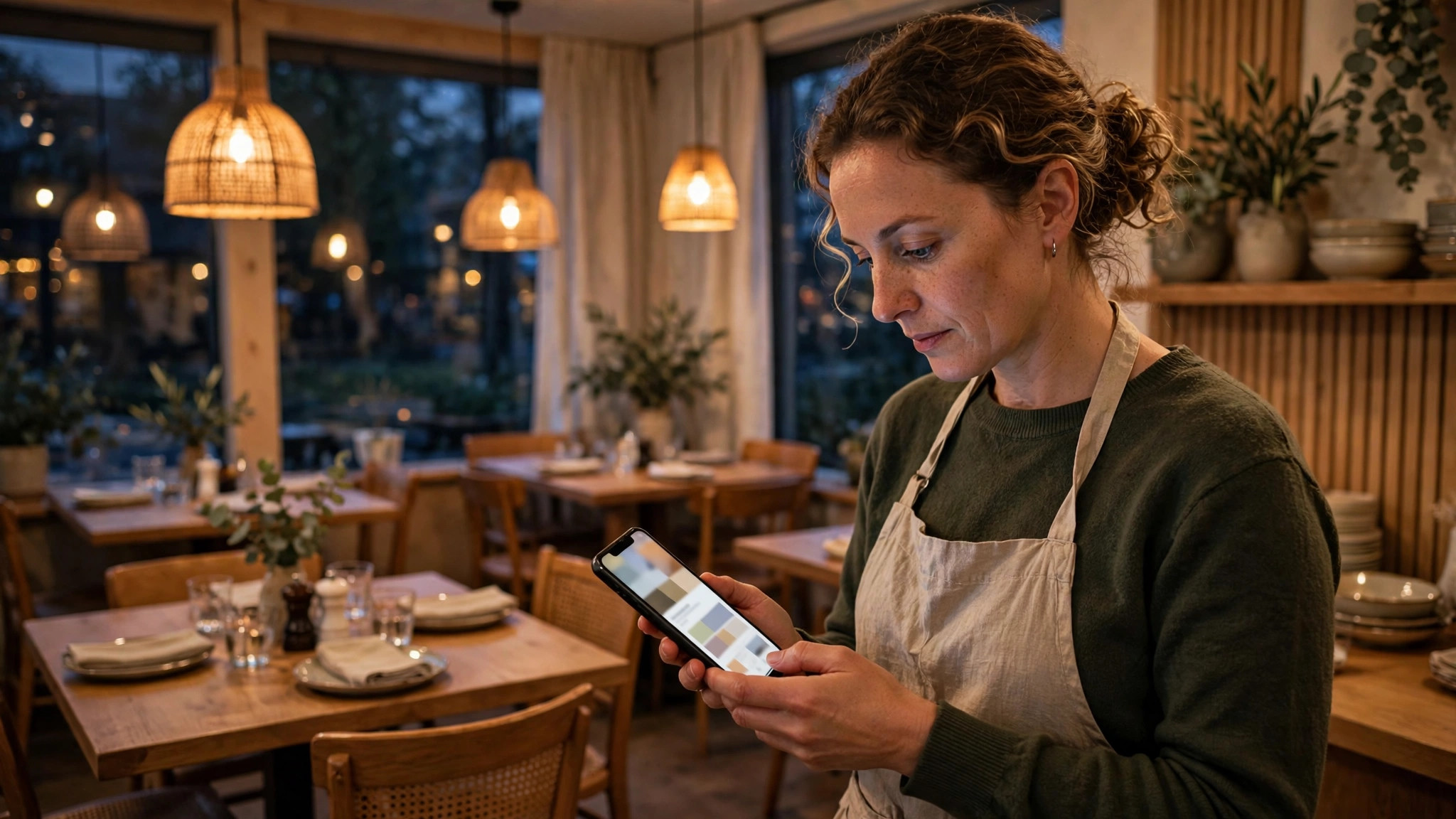 Restaurant owner checking a restaurant website on a smartphone in a cozy Nordic restaurant