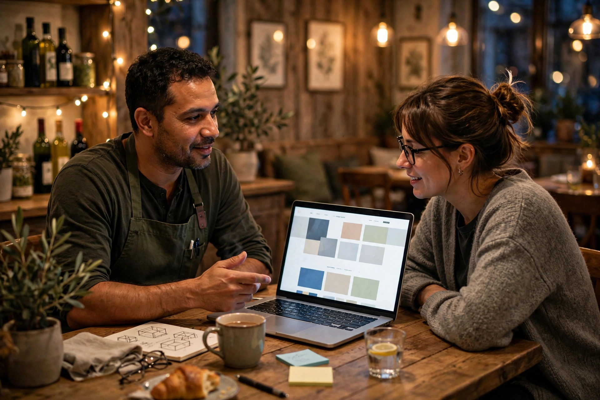 Restaurant owner and web designer reviewing a website design on a laptop at a table in a warm restaurant interior