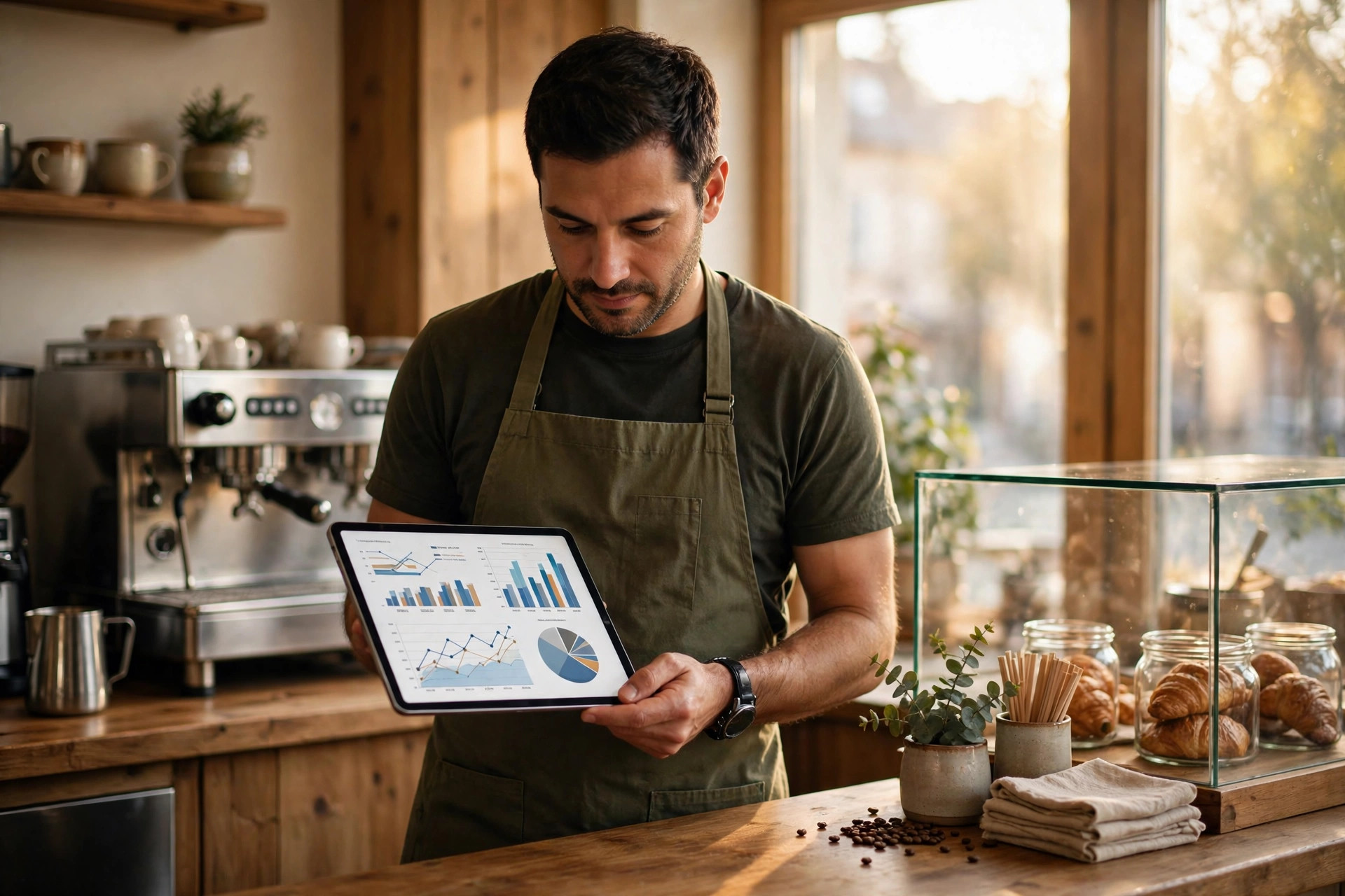 A café owner in an apron studying review statistics on a tablet behind the counter