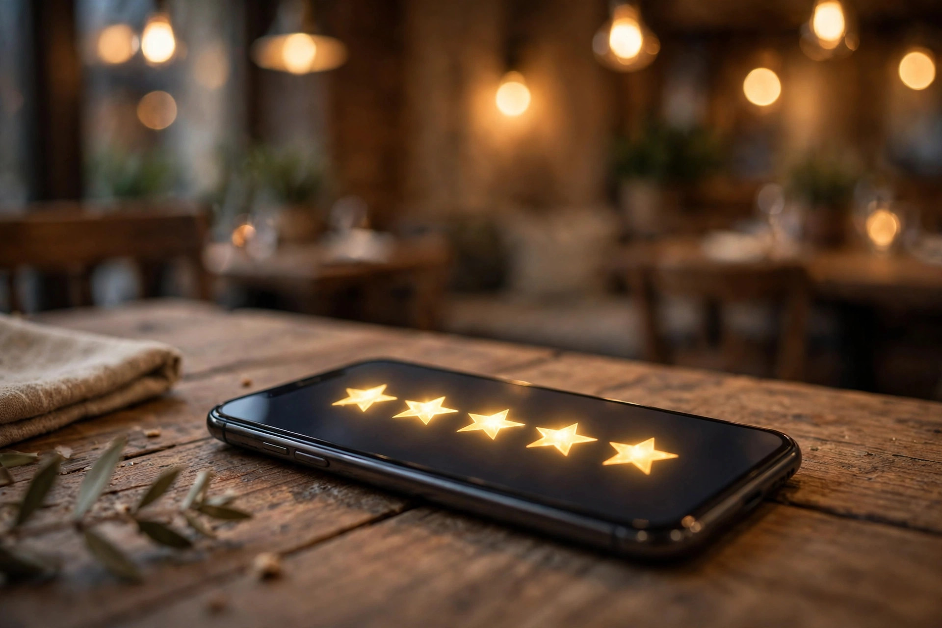 A smartphone on a wooden restaurant table showing glowing golden star ratings against a warm, blurred restaurant interior