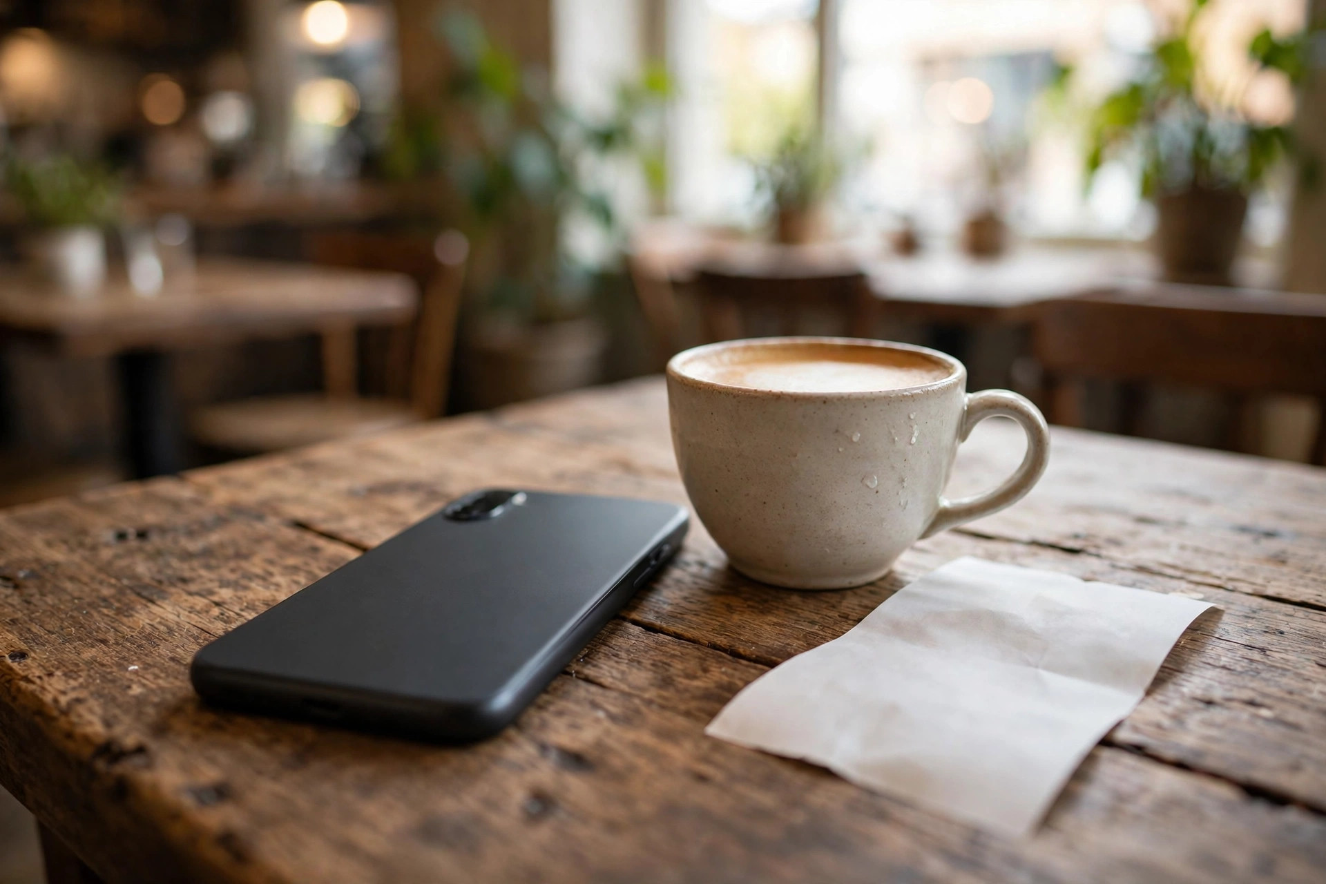 A smartphone and a printed receipt beside a coffee cup on a rustic café table in daylight.