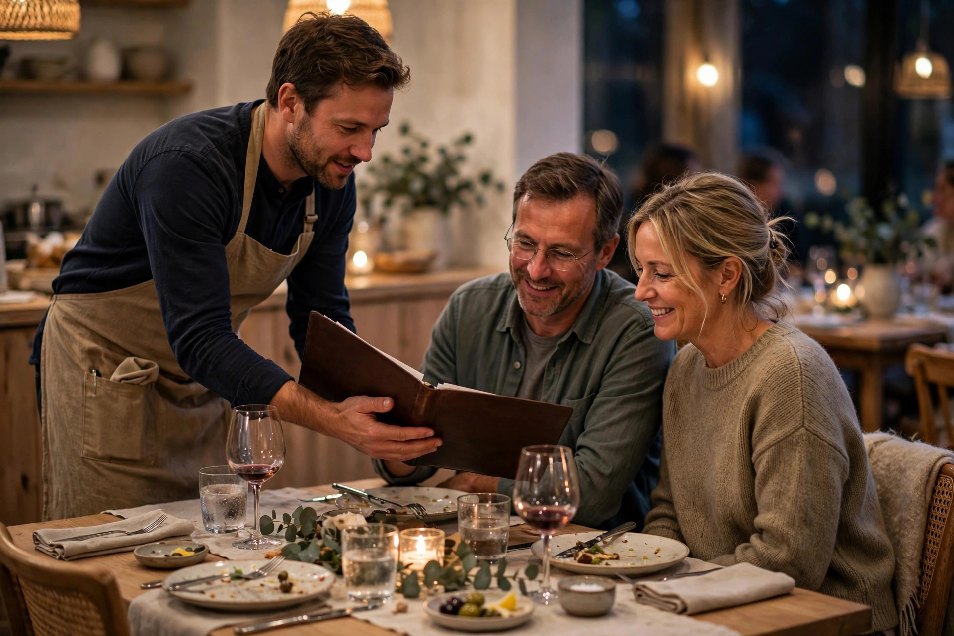 A waiter presenting the bill to a smiling couple at a warmly lit Nordic restaurant table in the evening.
