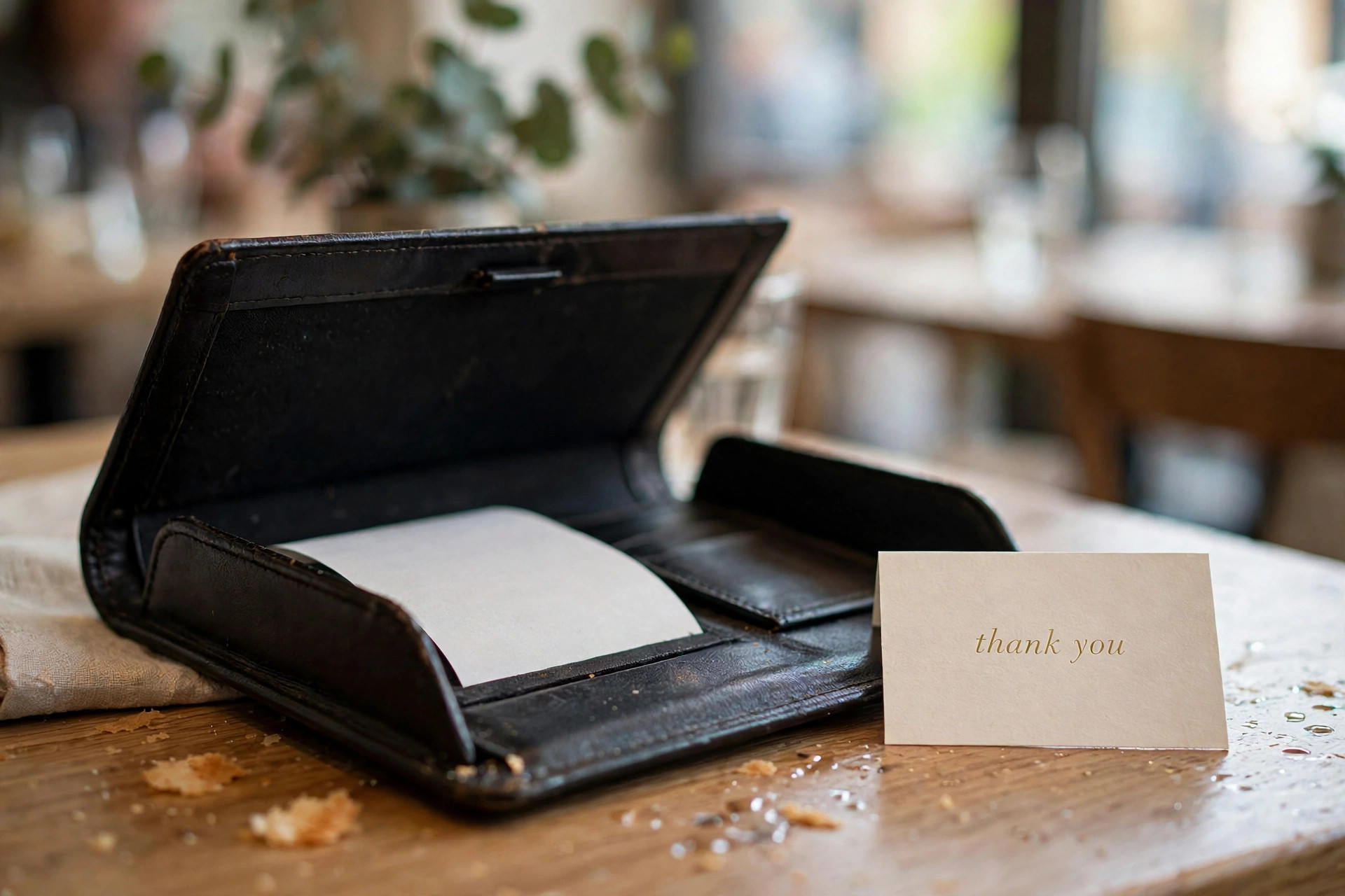 Restaurant bill tray with receipt and a small thank-you card on a café table in daylight
