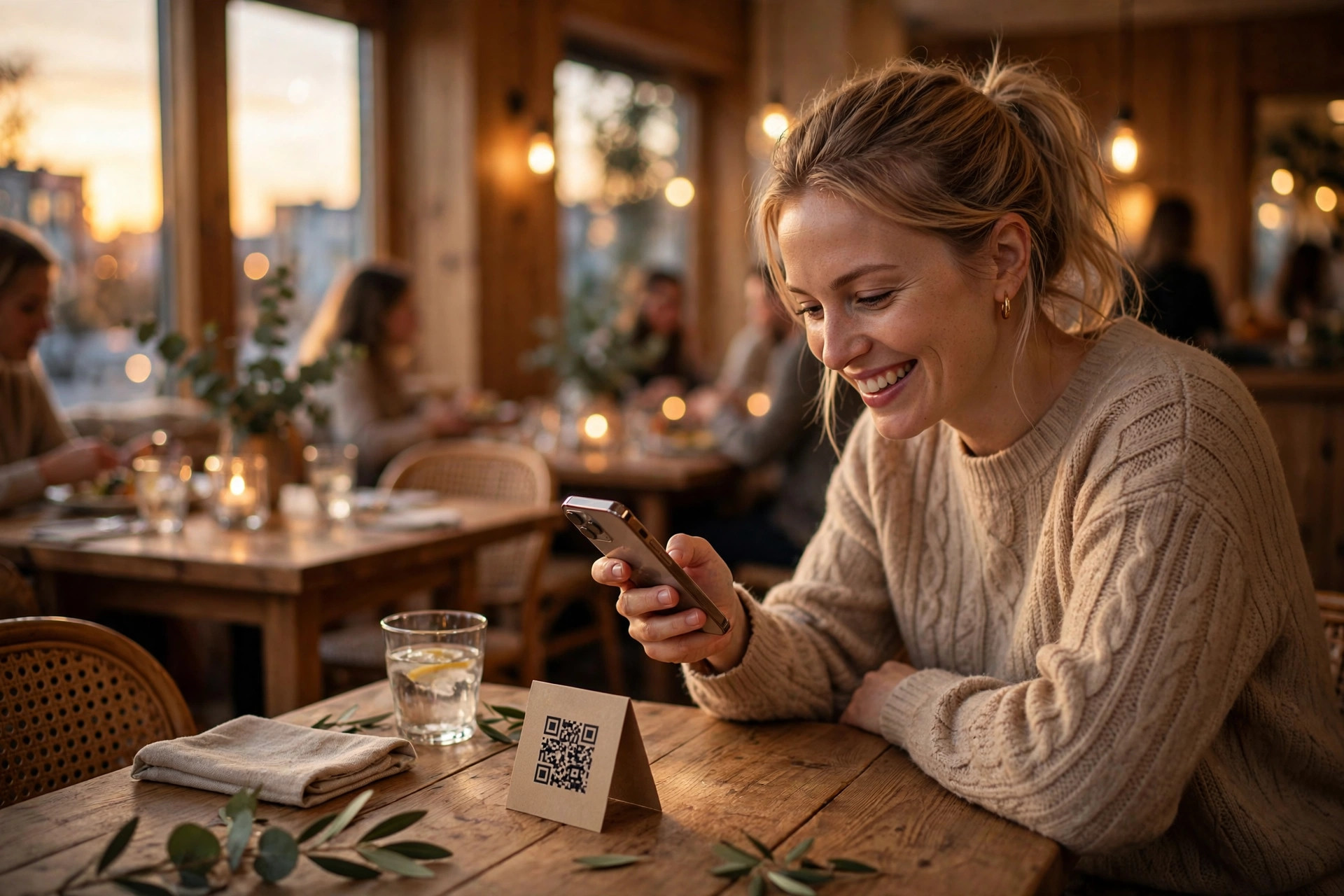 Happy diner scanning a QR code review card with her phone in a warm Scandinavian restaurant