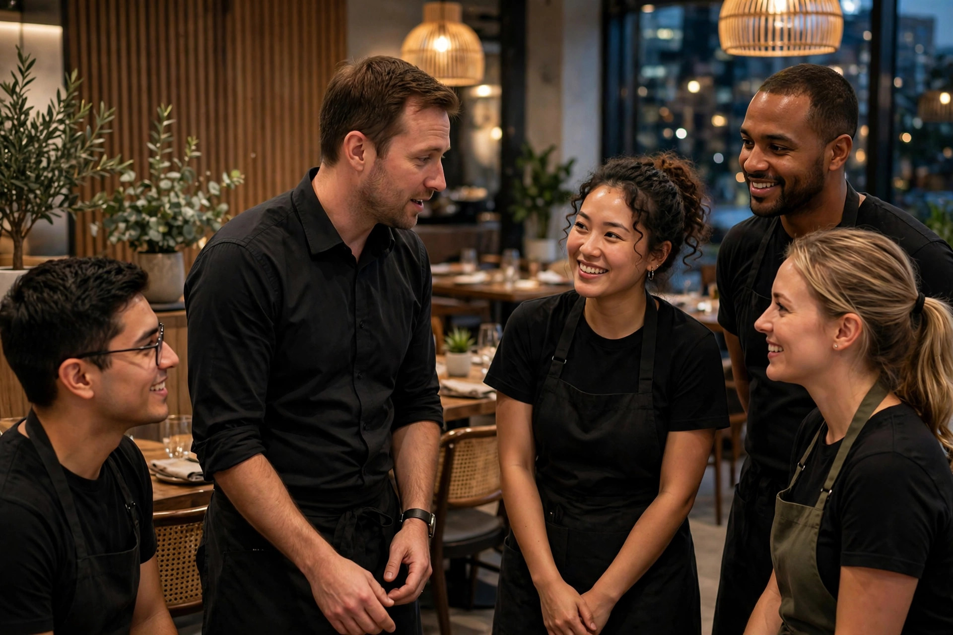 A restaurant manager briefing the waitstaff team in a huddle in the dining room before evening service