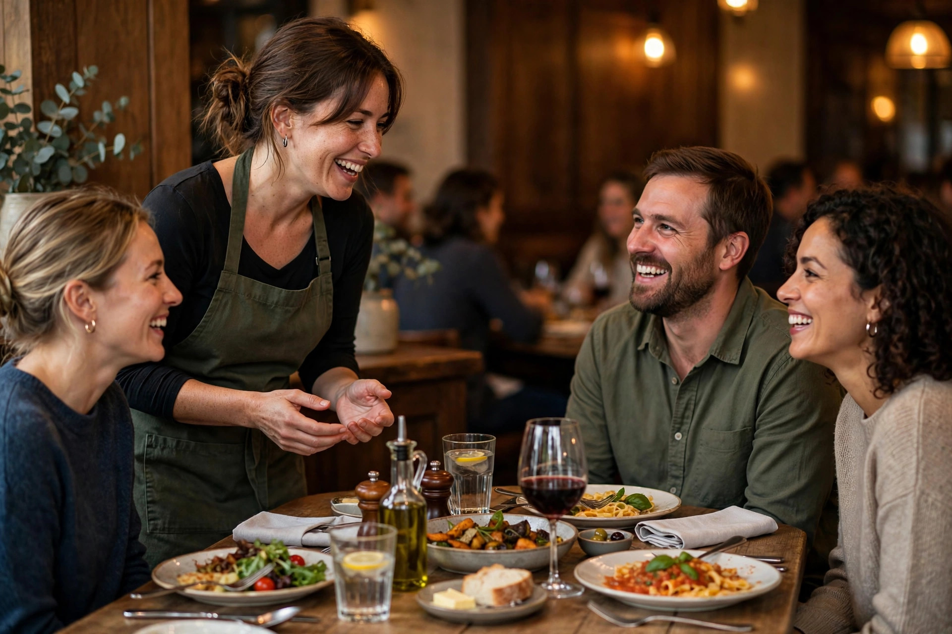 A smiling restaurant server chatting warmly with happy guests at a table with dishes in a cosy restaurant