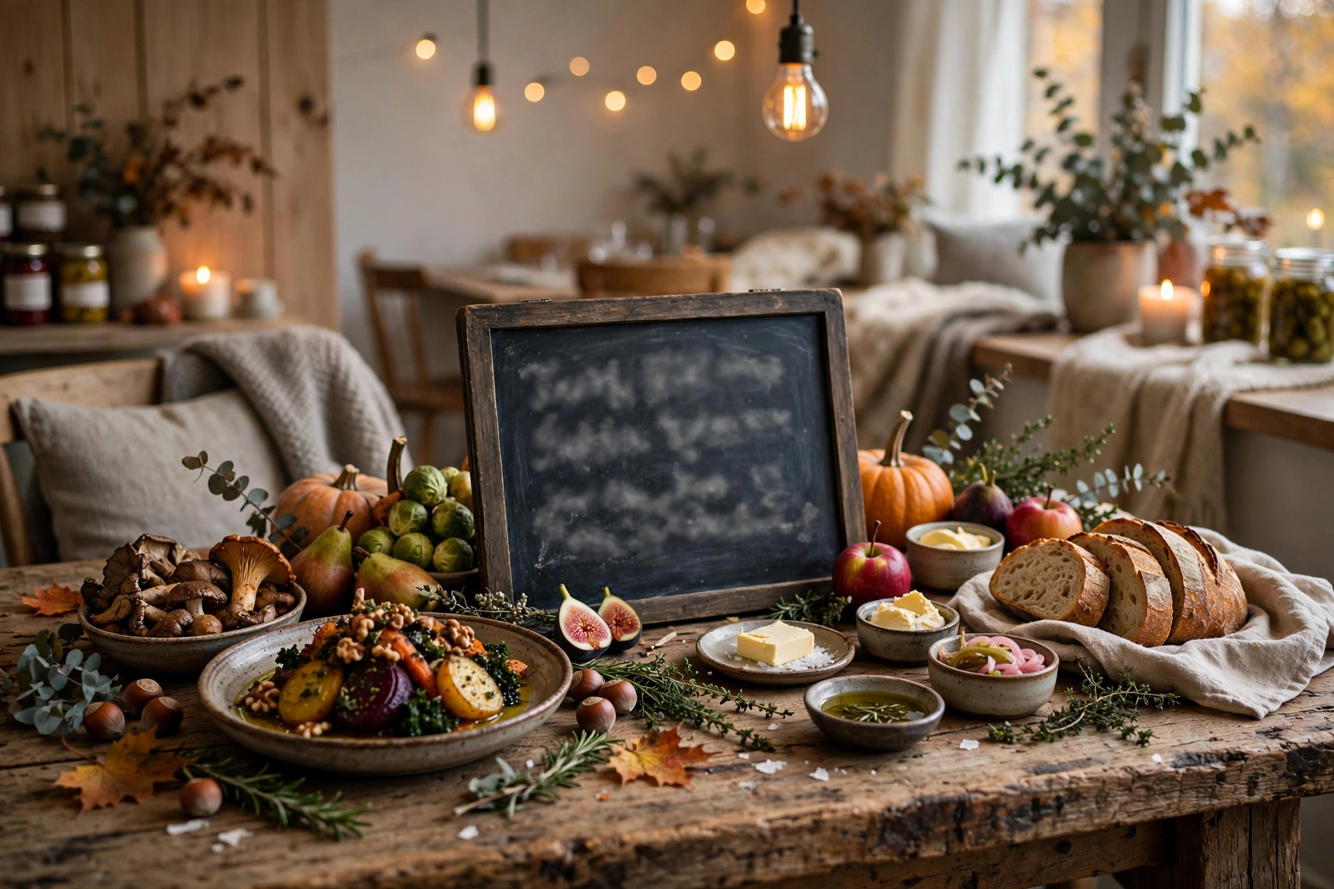 Chalkboard for seasonal specials surrounded by autumn dishes and fresh produce on a rustic restaurant table