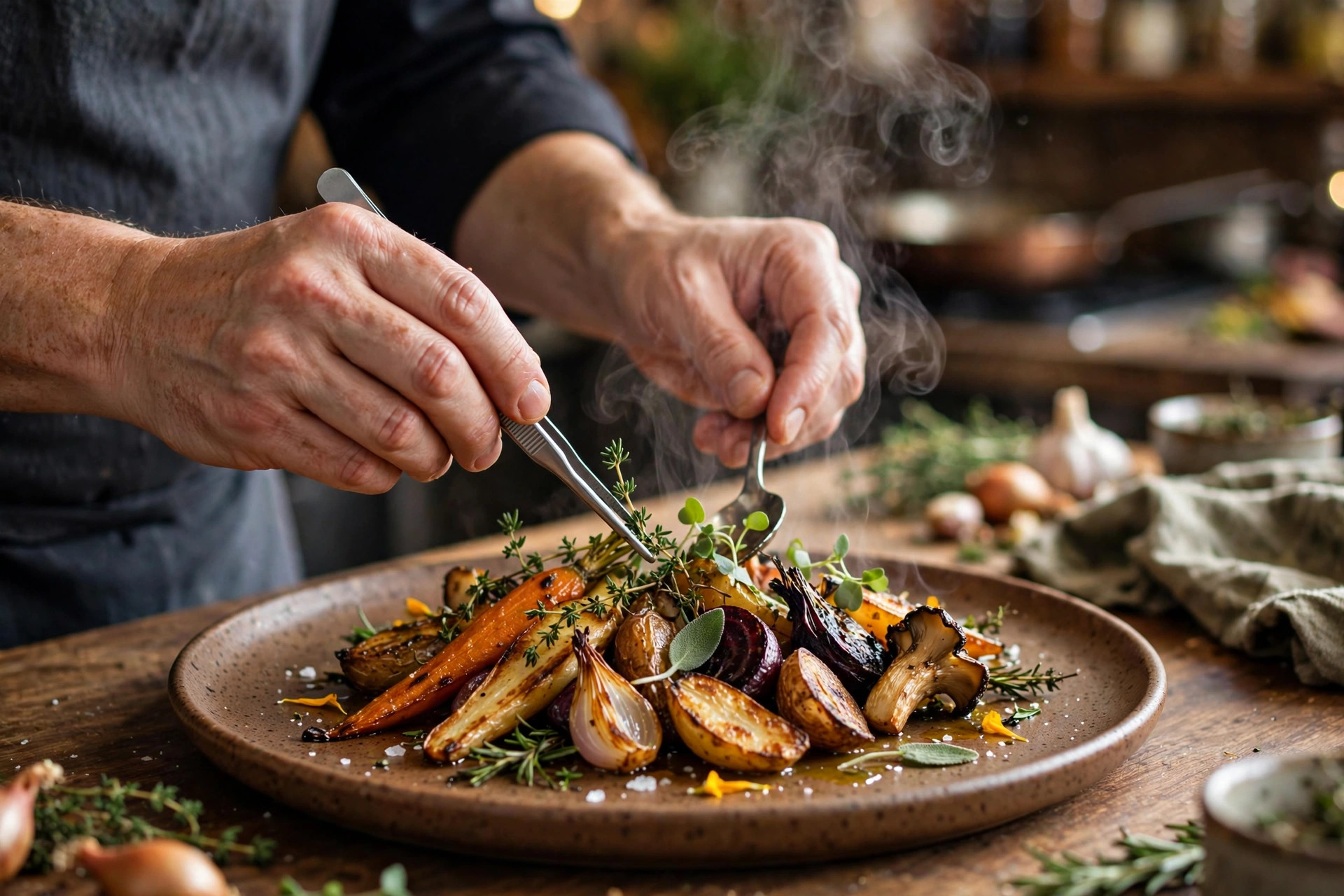 Chef plating an autumn dish with roasted seasonal vegetables in a restaurant kitchen