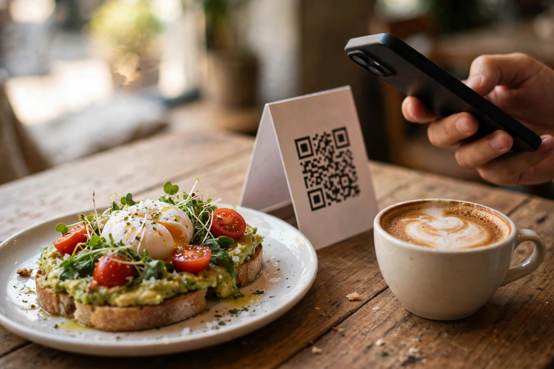 A QR code tent card on a café table next to a served dish, with a hand holding a smartphone about to scan it