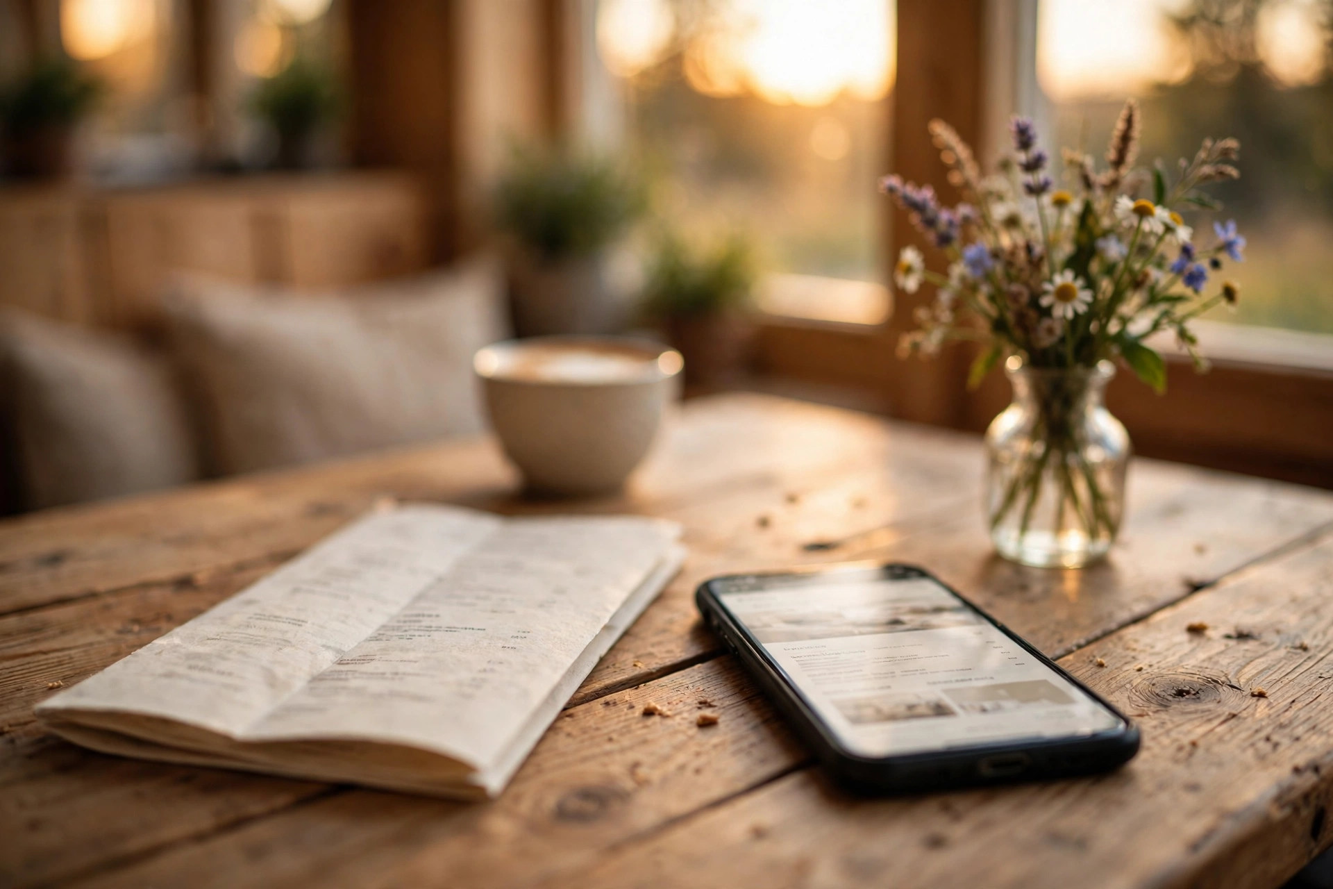 A printed paper restaurant menu next to a smartphone showing a digital menu on a wooden café table