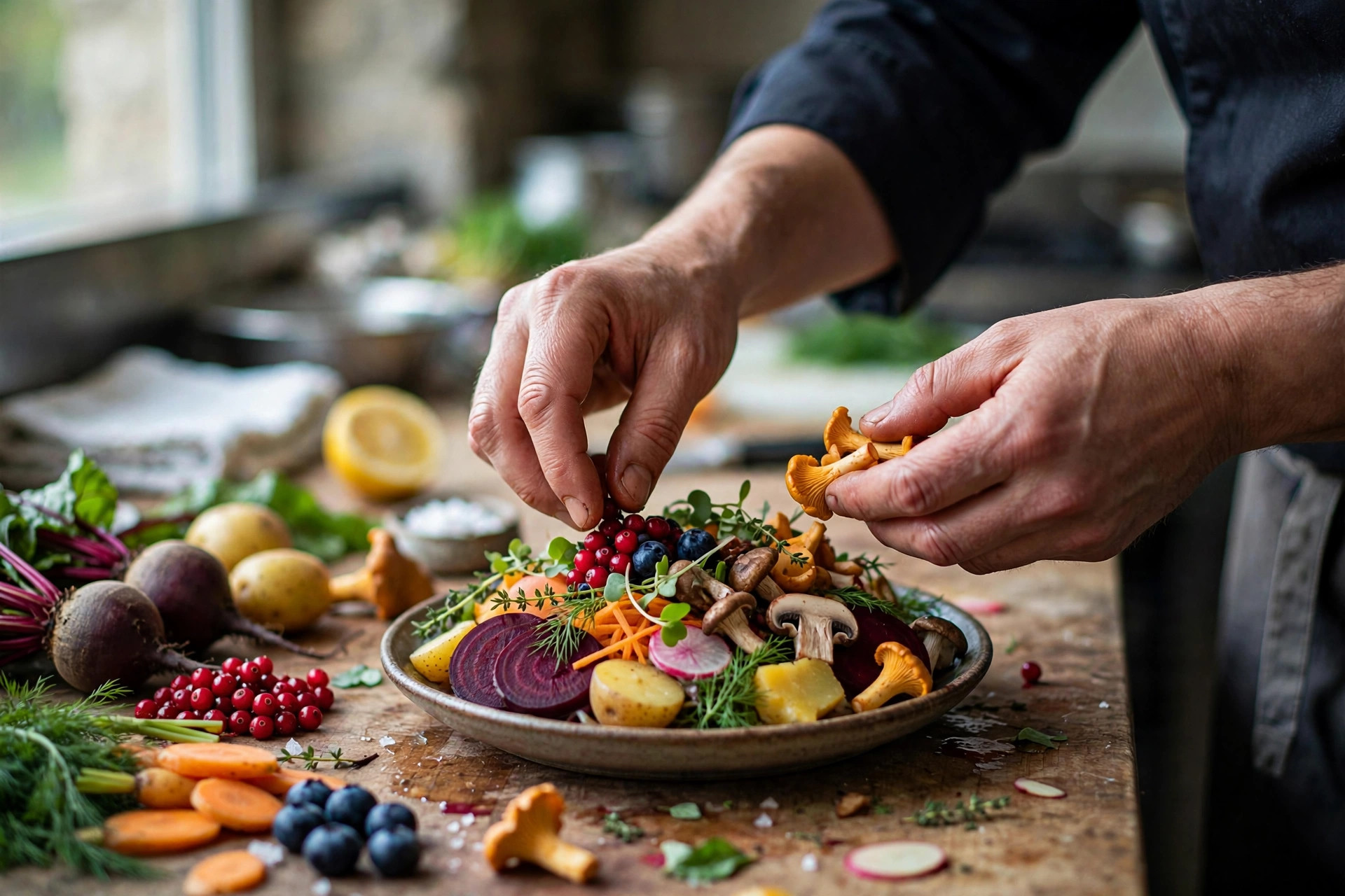 A chef's hands preparing a colourful vegan dish with fresh Nordic vegetables in a restaurant kitchen