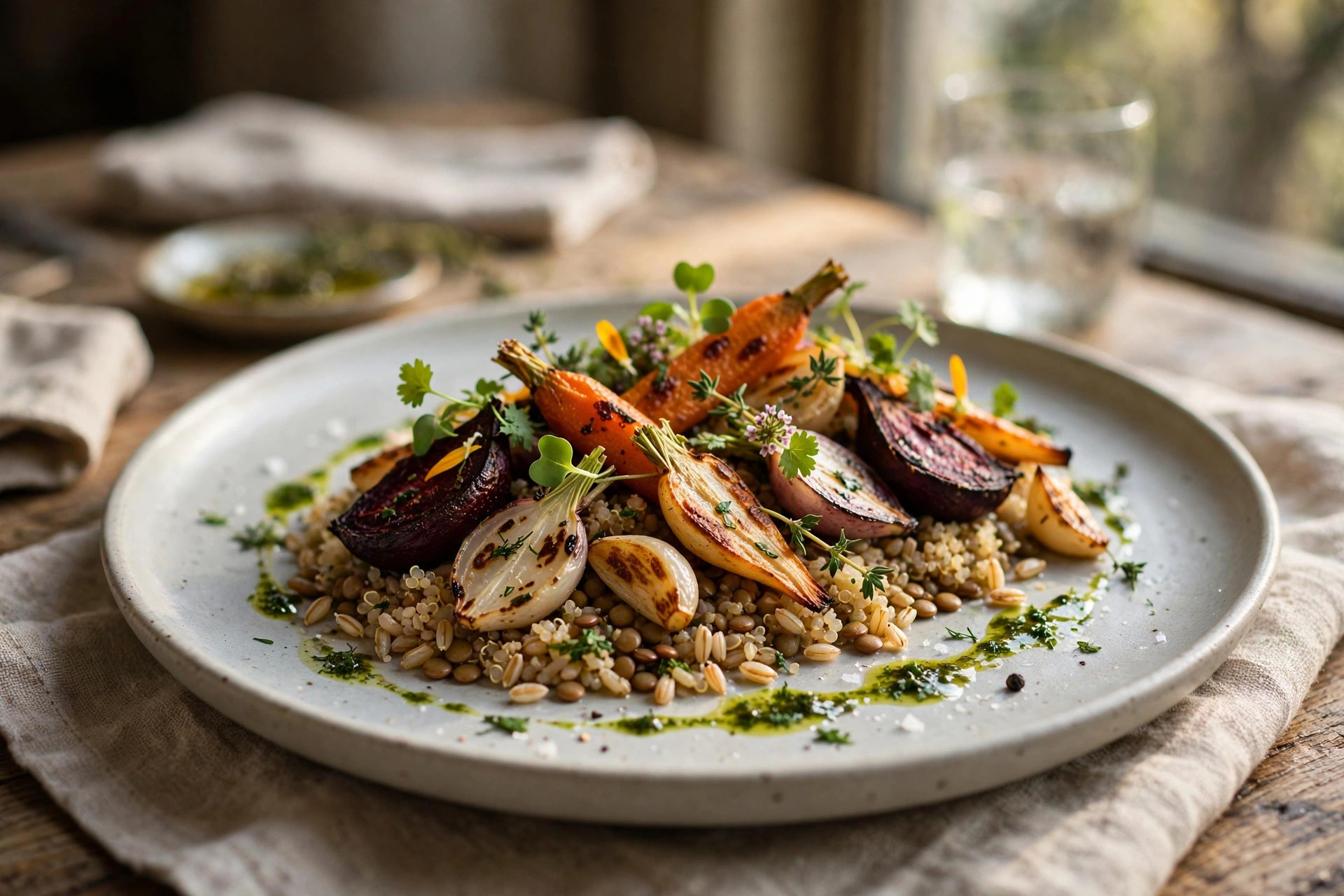A beautifully plated plant-based restaurant dish of roasted vegetables and grains in warm natural light