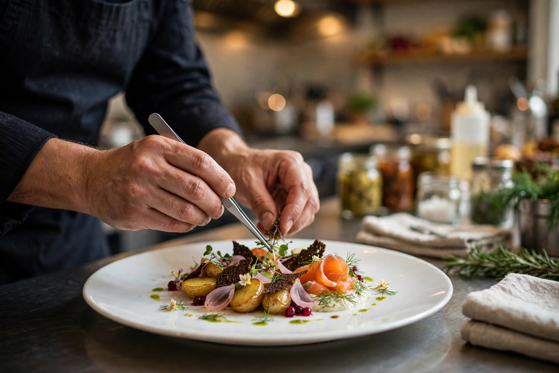 A chef's hands plating an elegant Nordic dish on a white plate at a restaurant pass.